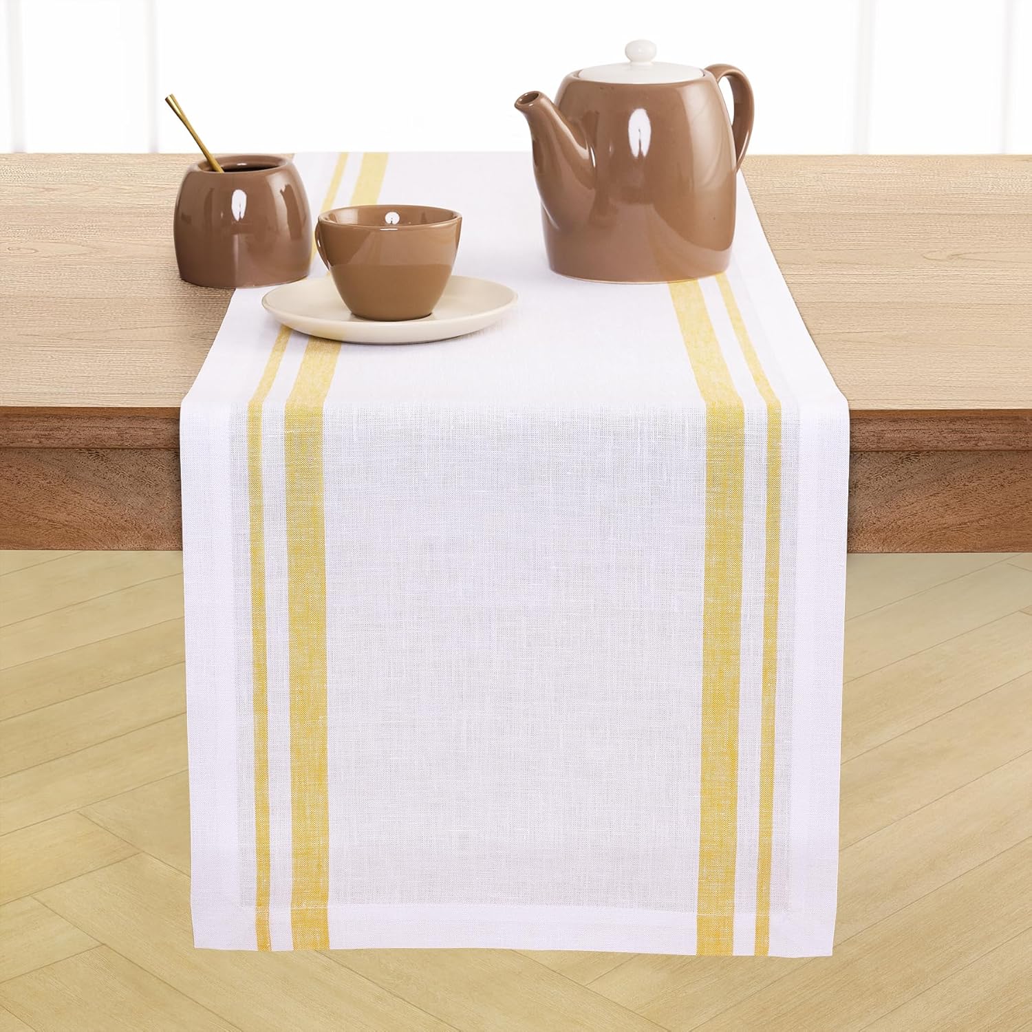 Solino Home Linen Table Runner 48 Inches - French Stripe, 100% Pure Linen Black and Natural Farmhouse Table Runner 14 x 48 Inch Ideal for Dresser and Coffee Tables - Spring, Easter