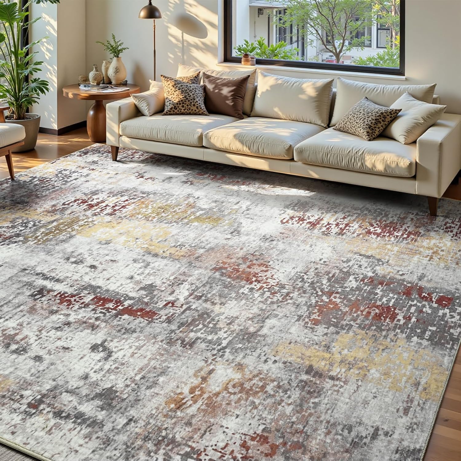 Living Room Rug 8x10 Gray Area Rugs Machine Washable Abstract Boho Large Rug Non-Slip Non-Shedding Faux Wool Indoor Vintage Carpet for Bedroom, Classroom, Dining Room, Kids Playroom