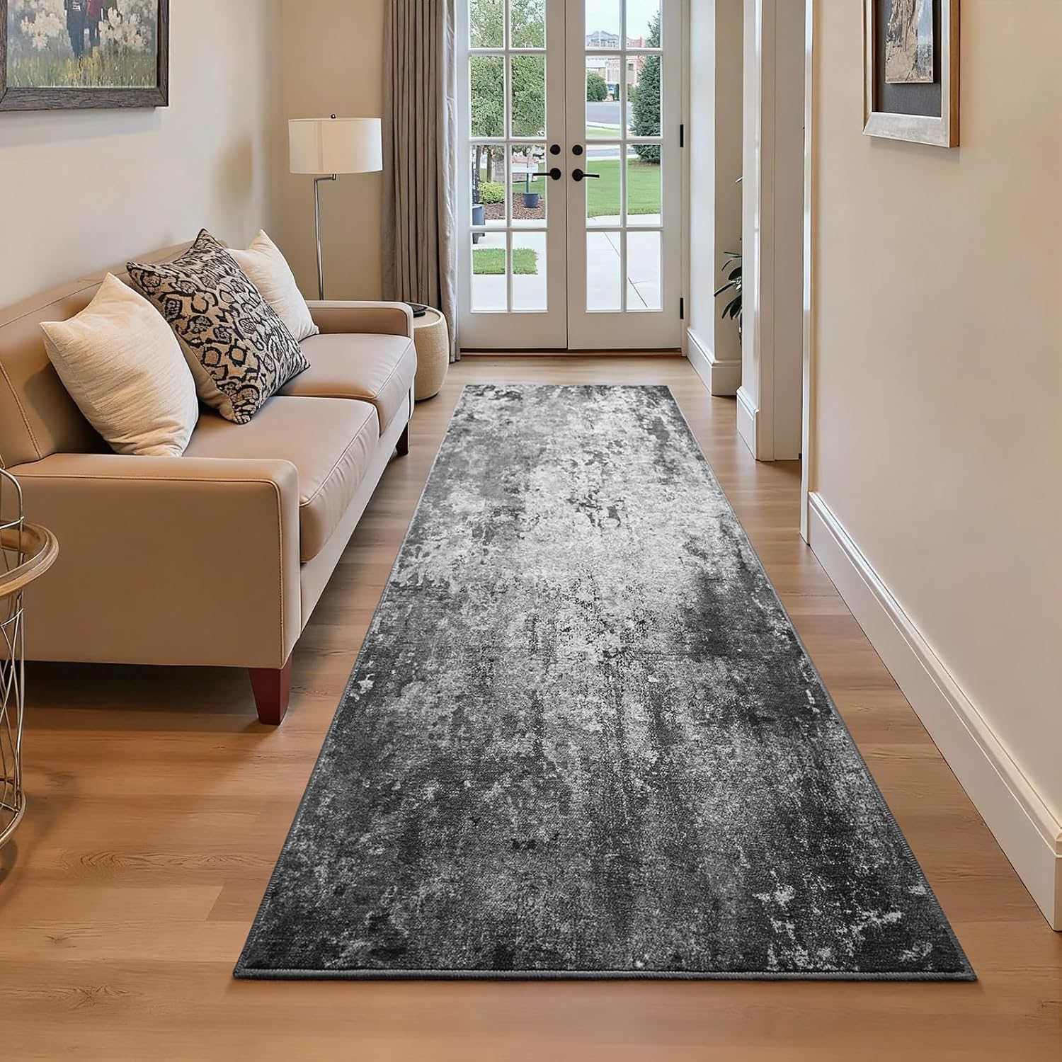 Living Room Rug 8x10 Gray Area Rugs Machine Washable Abstract Boho Large Rug Non-Slip Non-Shedding Faux Wool Indoor Vintage Carpet for Bedroom, Classroom, Dining Room, Kids Playroom