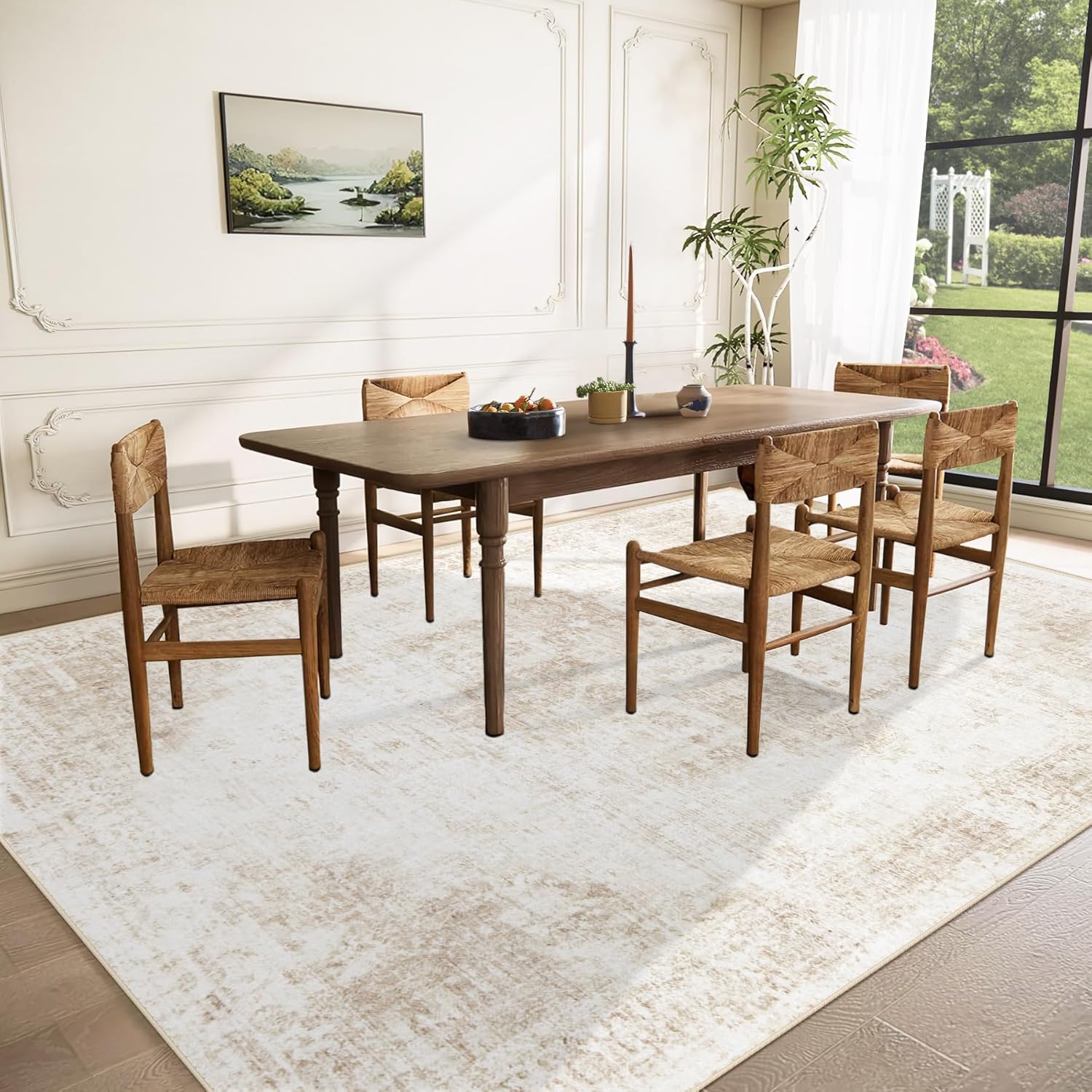 Area Rug 8x10 Washable Rug, Vintage Boho Medallion Rugs Non-Slip Soft Low Pile Large Distressed Rug Indoor Retro Carpet for Living Room Bedroom Dining Room Home Office (Beige, 8'x10')