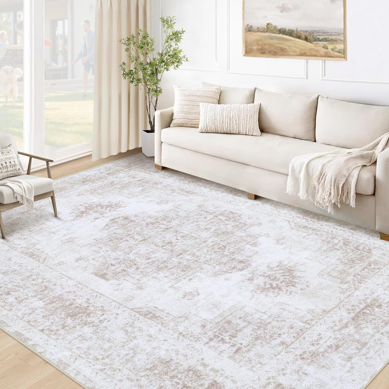 XLUEZ Area Rug 9x12 Living Room Rug, Machine Washable Vintage Distressed Medallion Rug Non-Slip Soft Low Pile Large Indoor Rugs for Bedroom Kitchen Dining Room Office(Beige,9'x12')