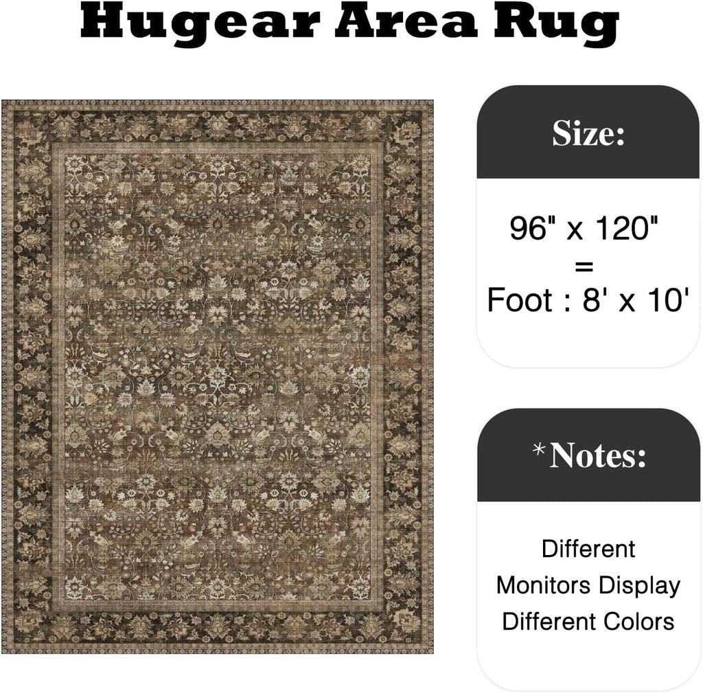 HUGEAR 8x10 Machine Washable Rugs Brown Hallway Large Area Rug Indoor Accent Rug Floral Low Pile Carpet Soft Throw Aesthetic Rug Bedroom Living Room Office Dining Room Kitchen Laundry Room