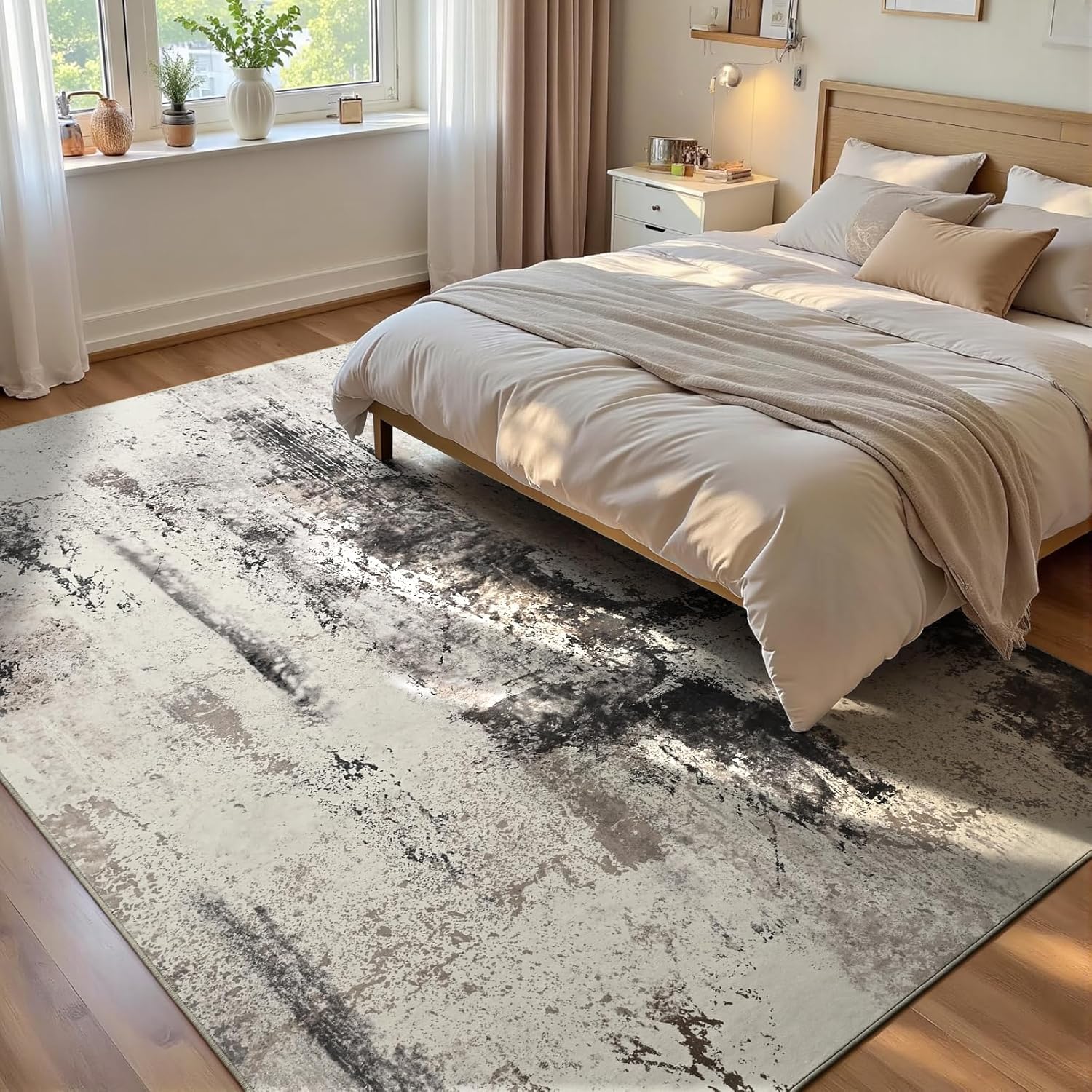 Living Room Rug 8x10 Gray Area Rugs Machine Washable Abstract Boho Large Rug Non-Slip Non-Shedding Faux Wool Indoor Vintage Carpet for Bedroom, Classroom, Dining Room, Kids Playroom