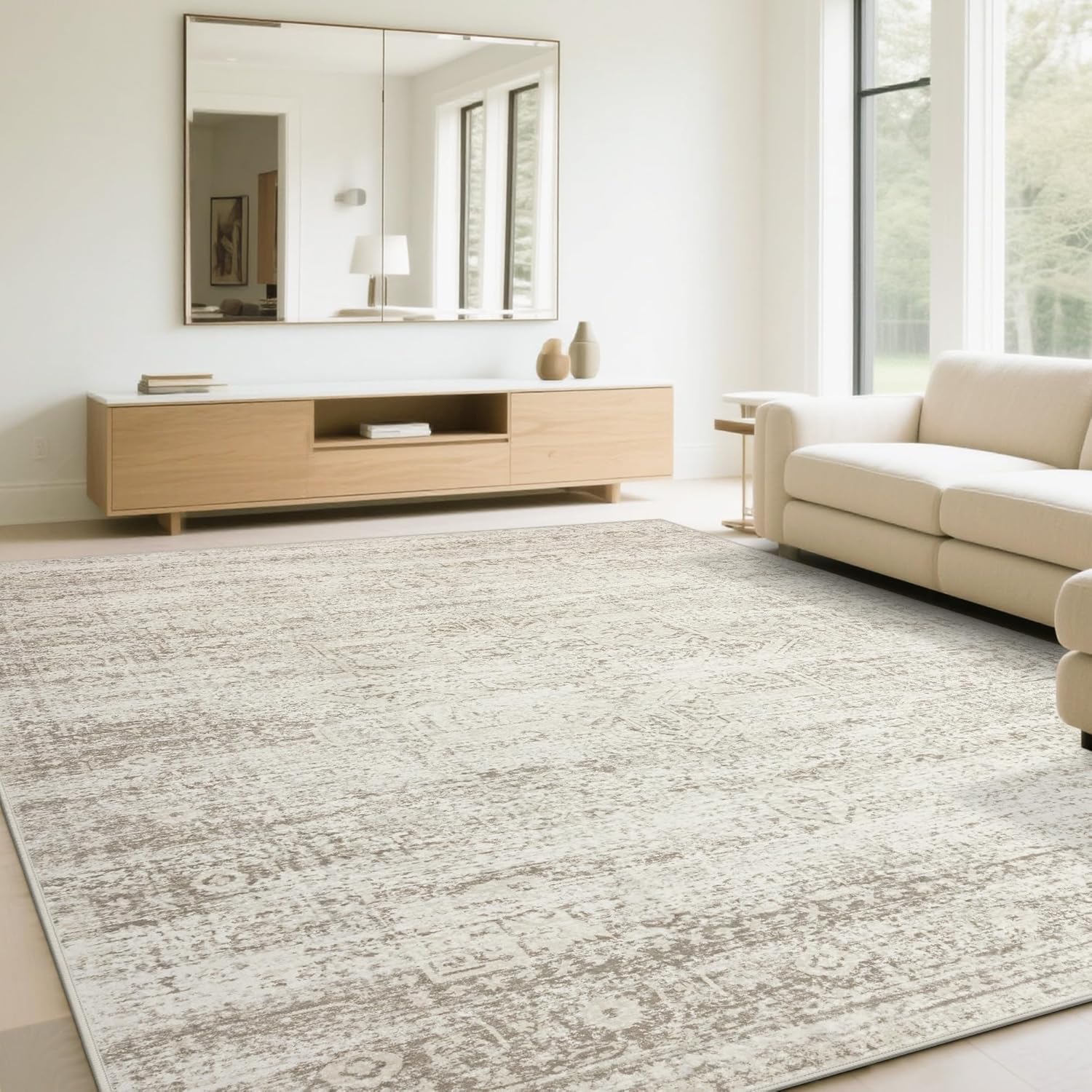 Srugn Washable Rugs 8x10 Area Rugs for Living Room,Ultra Soft Faux Wool Retro Rugs for Bedroom,Dining Room,Non Slip&Non-Shedding Low Pile Vintage Print Rug Indoor Large Carpets for Home Office Decor