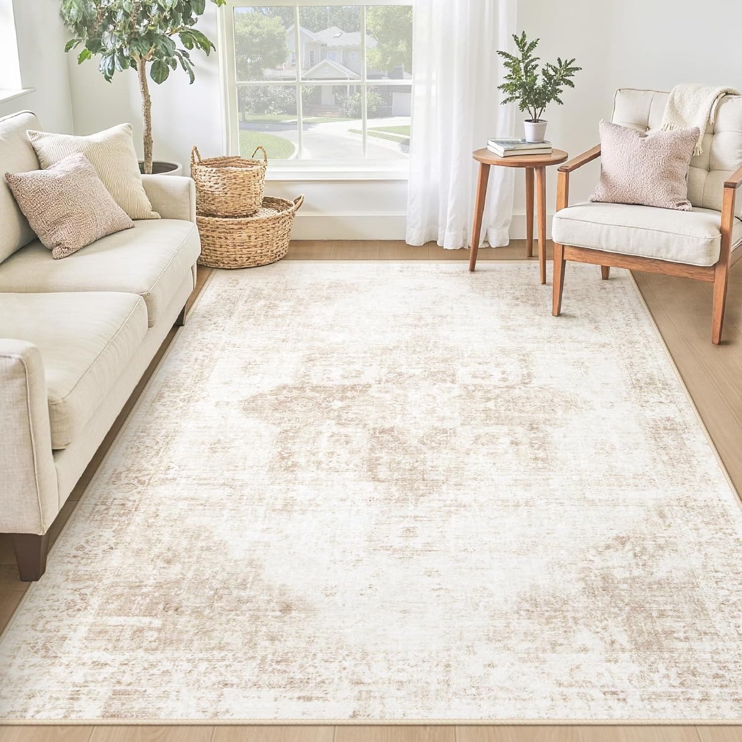 Area Rug 8x10 Washable Rug, Vintage Boho Medallion Rugs Non-Slip Soft Low Pile Large Distressed Rug Indoor Retro Carpet for Living Room Bedroom Dining Room Home Office (Beige, 8'x10')