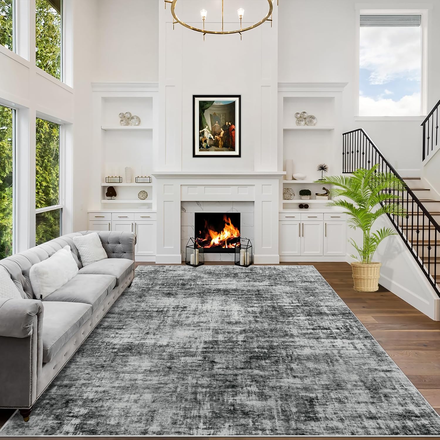8x10 Area Rugs Washable Rug: Large Modern Abstract Living Room Rug Soft Anti-Skid Thin Carpet Indoor Floor Non-Shedding Carpets for Bedroom Dining Farmhouse Nursery Home Office Black Grey Gold
