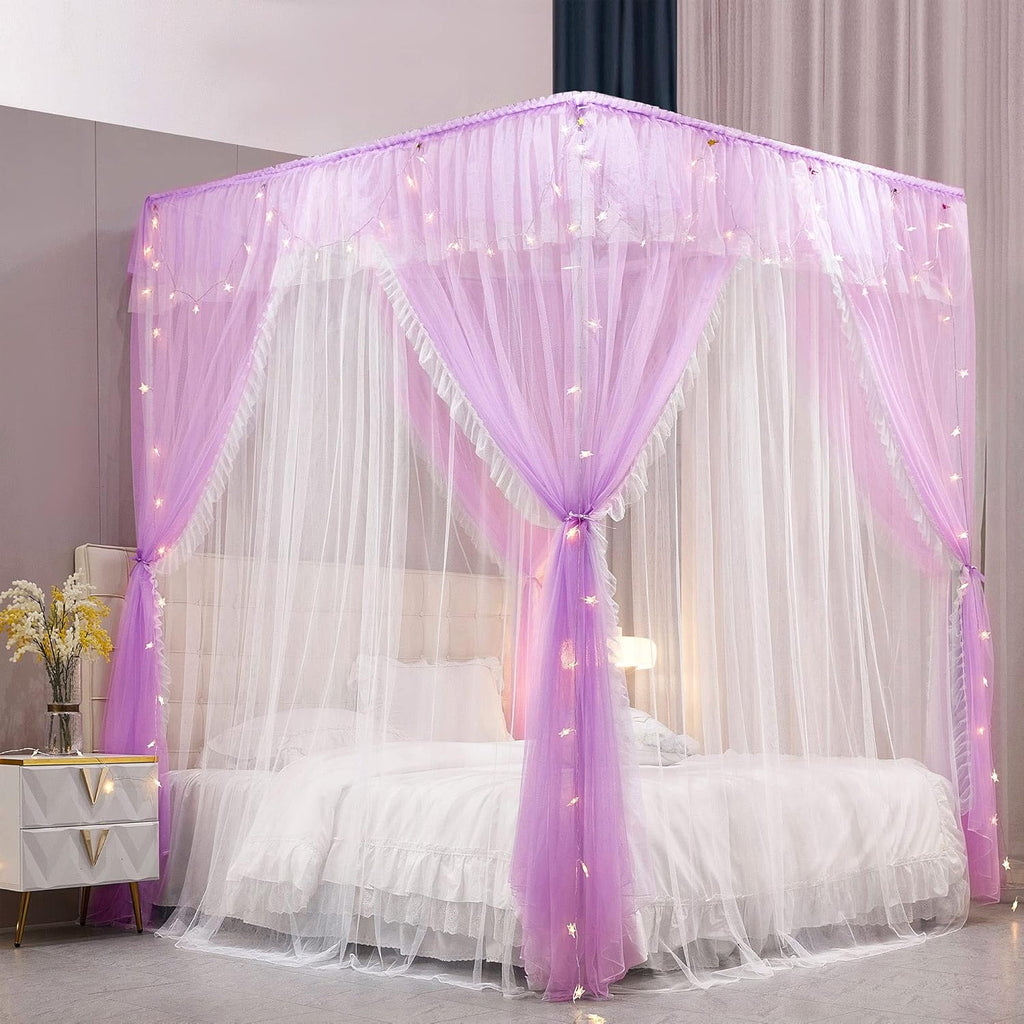 VETHIN 4 Corners Post Ruffle Princess Bed Canopy Curtain-Double Layer Cozy Drape Netting 4 Opening Mosquito Net for Girls Adults Bedroom Decoration (Pink/Whtie,59" W*82" L*82"*H/Queen)