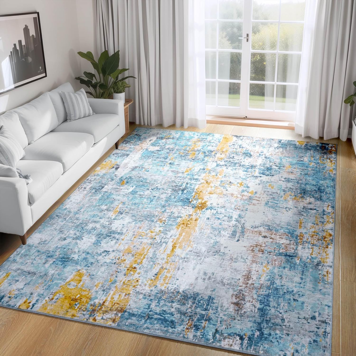 Living Room Rug 8x10 Gray Area Rugs Machine Washable Abstract Boho Large Rug Non-Slip Non-Shedding Faux Wool Indoor Vintage Carpet for Bedroom, Classroom, Dining Room, Kids Playroom