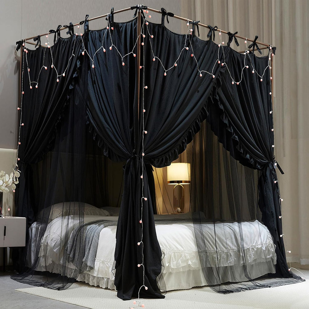 AIOOO 4 Corners Post Princess Curtain Bed Canopy Double Layer Cozy Mosquito Net Mesh and Cloth for Girls Adults Bedroom Decoration (Double-Black/Black, 78" W*86" L*82"*H/(King))