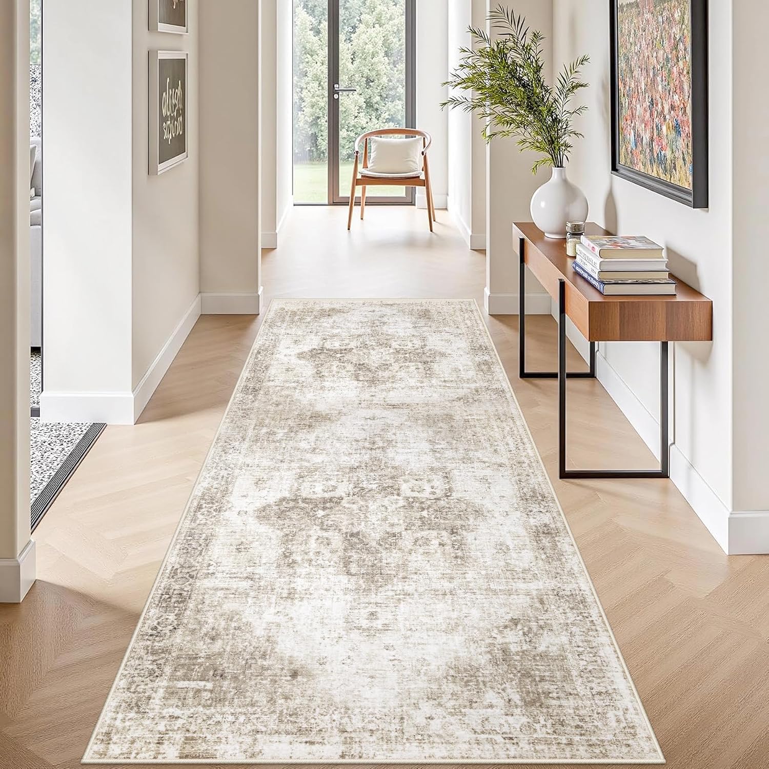 Area Rug 8x10 Washable Rug, Vintage Boho Medallion Rugs Non-Slip Soft Low Pile Large Distressed Rug Indoor Retro Carpet for Living Room Bedroom Dining Room Home Office (Beige, 8'x10')