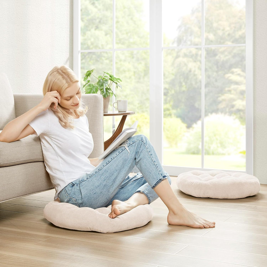 Meditation Floor Pillow Set of 2, Round Large Pillows Seating for Adults, Tufted Corduroy Cushion for Living Room Tatami, Beige 22 Inch