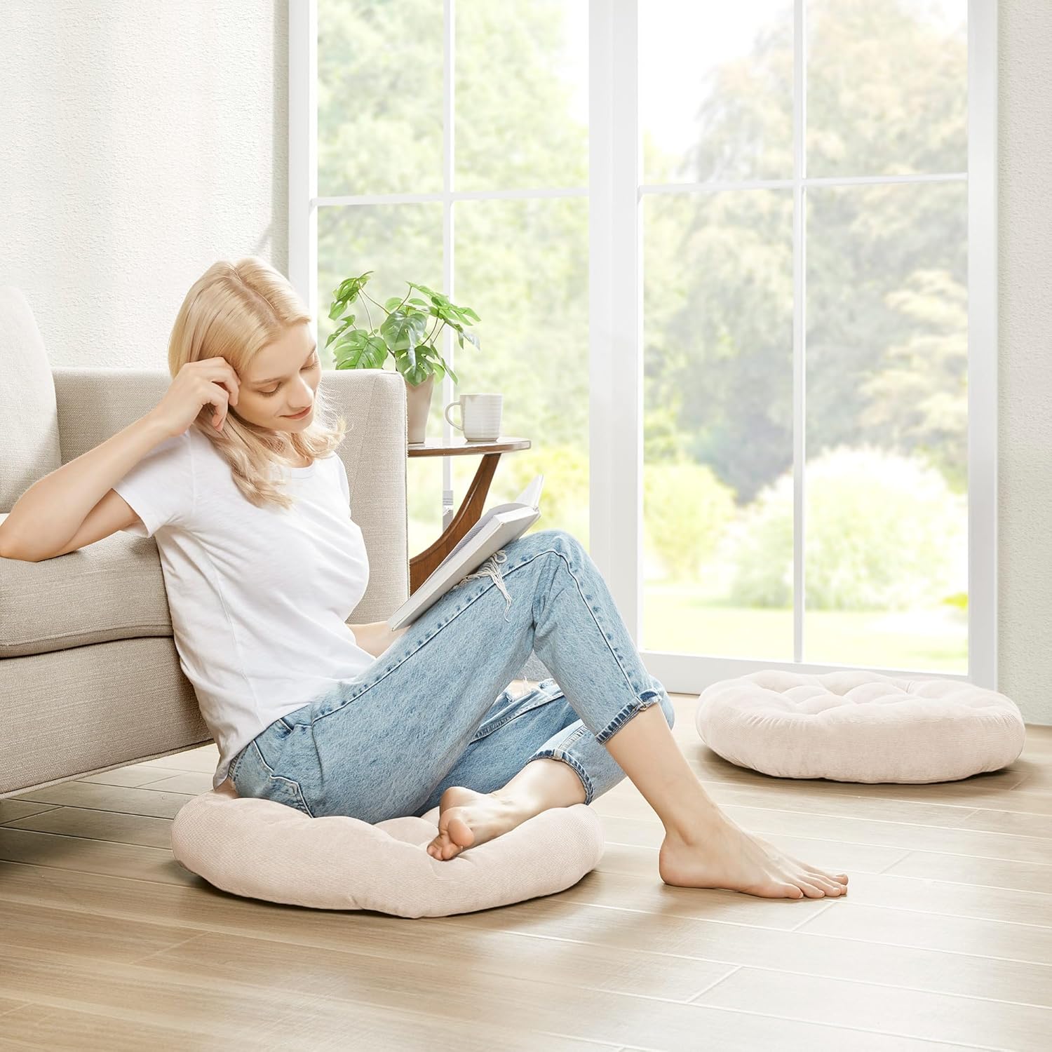 Meditation Floor Pillow Set of 2, Round Large Pillows Seating for Adults, Tufted Corduroy Cushion for Living Room Tatami, Beige 22 Inch