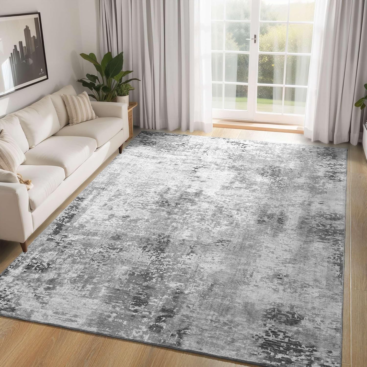 Living Room Rug 8x10 Gray Area Rugs Machine Washable Abstract Boho Large Rug Non-Slip Non-Shedding Faux Wool Indoor Vintage Carpet for Bedroom, Classroom, Dining Room, Kids Playroom
