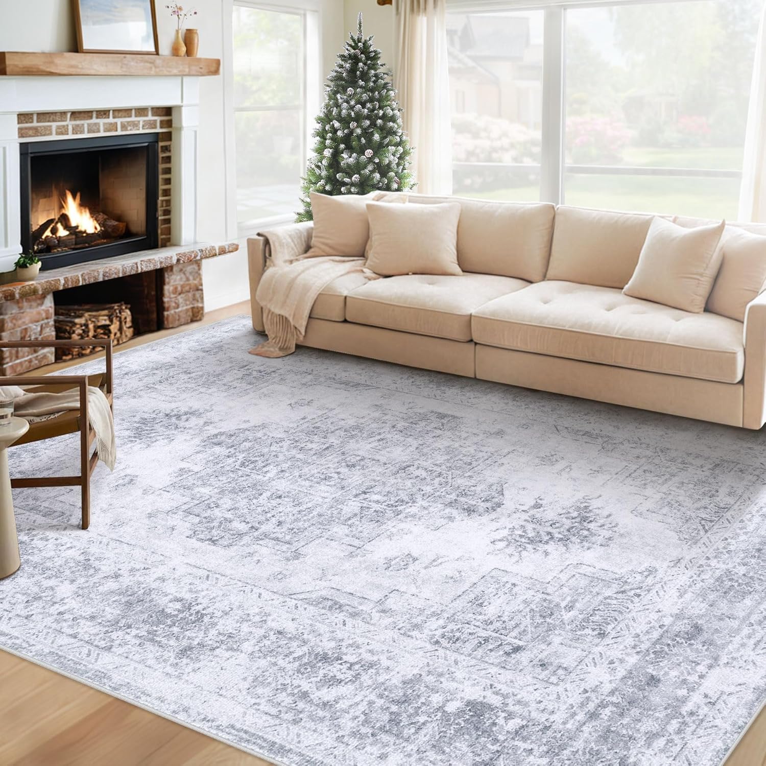 XLUEZ Area Rug 9x12 Living Room Rug, Machine Washable Vintage Distressed Medallion Rug Non-Slip Soft Low Pile Large Indoor Rugs for Bedroom Kitchen Dining Room Office(Beige,9'x12')