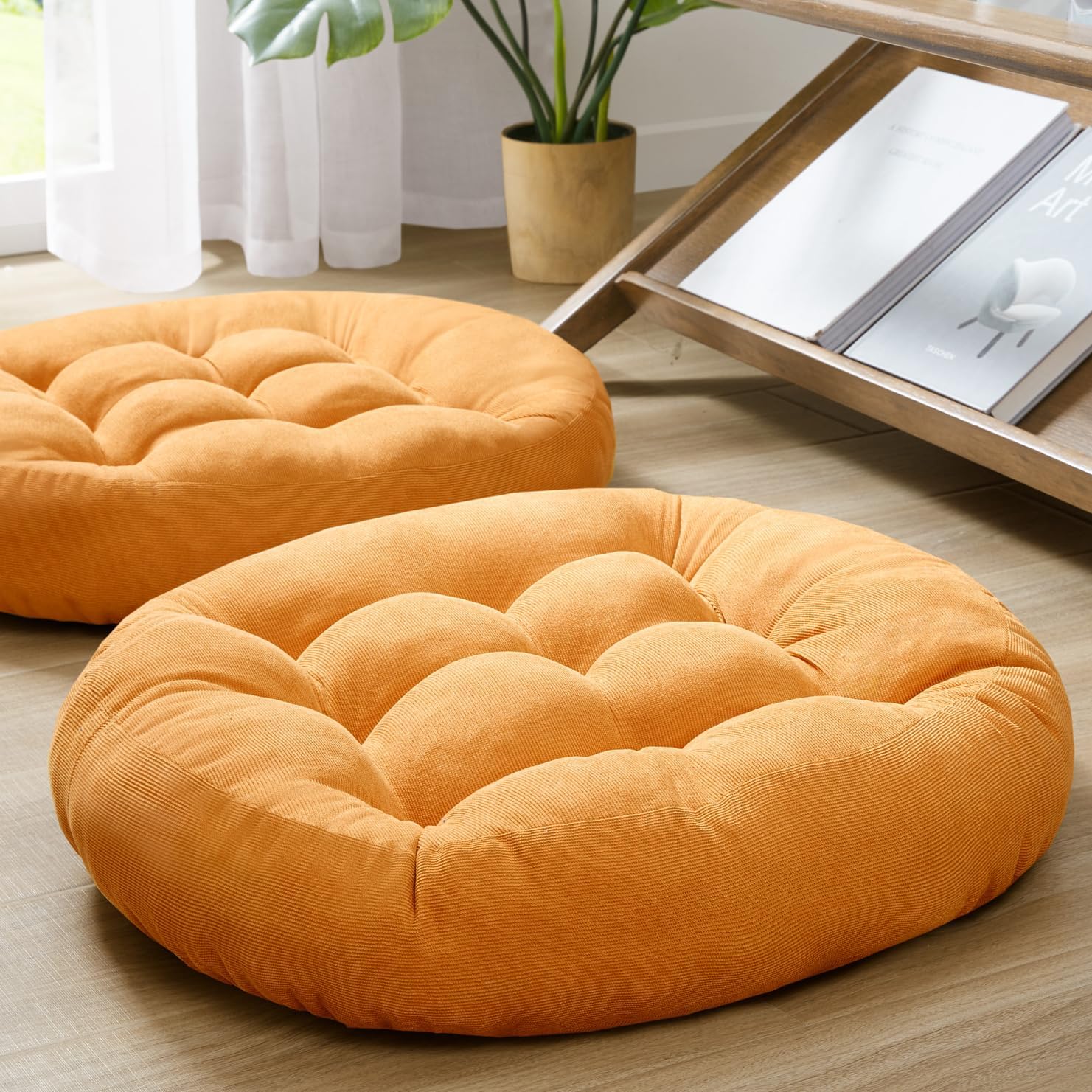 Meditation Floor Pillow Set of 2, Round Large Pillows Seating for Adults, Tufted Corduroy Cushion for Tatami Living Room, Grey, 22 Inch