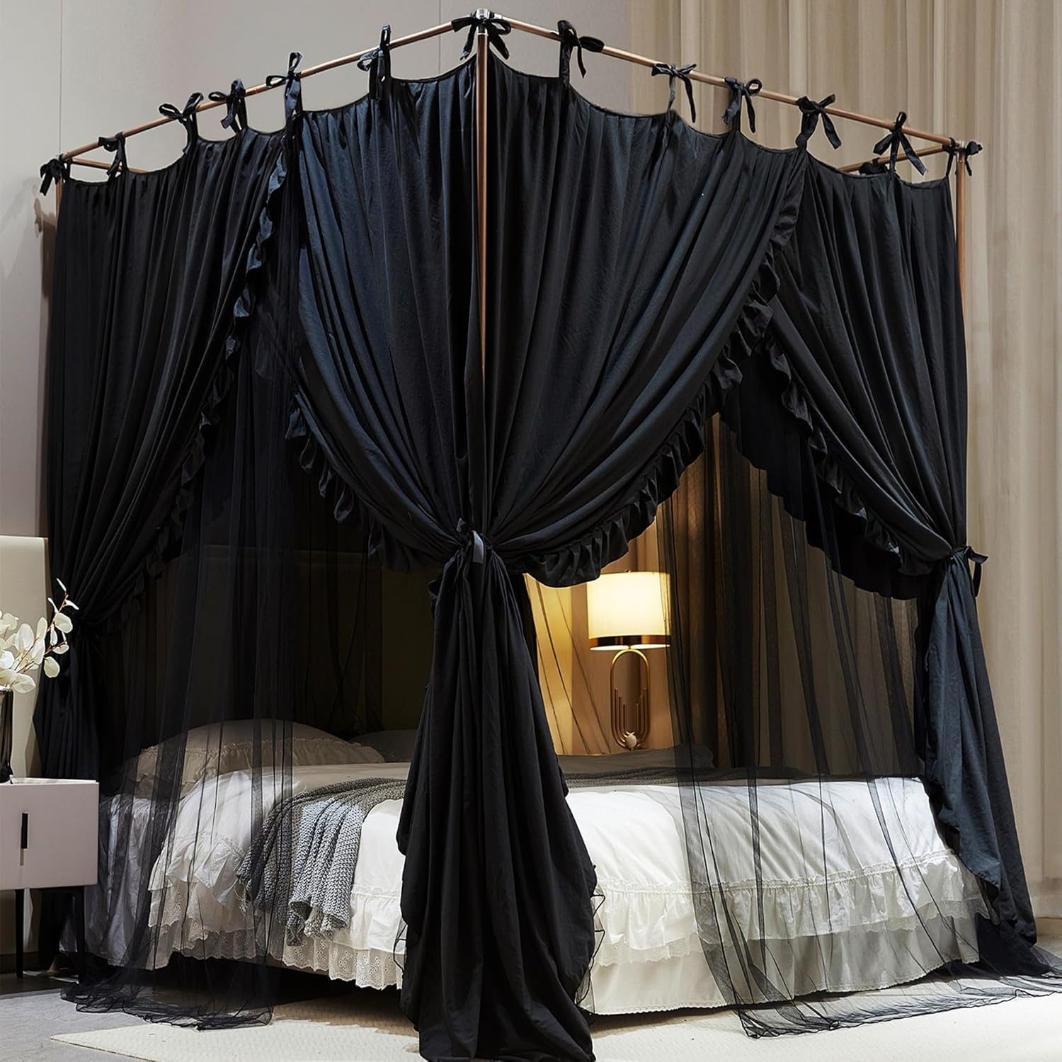 AIOOO 4 Corners Post Princess Curtain Bed Canopy Double Layer Cozy Mosquito Net Mesh and Cloth for Girls Adults Bedroom Decoration (Double-Black/Black, 78" W*86" L*82"*H/(King))