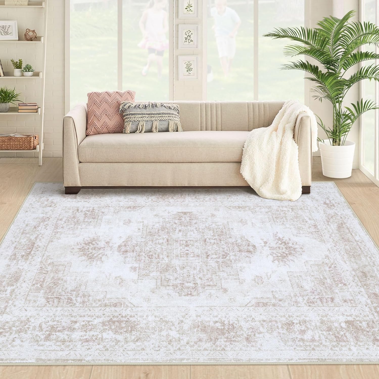 XLUEZ Area Rug 9x12 Living Room Rug, Machine Washable Vintage Distressed Medallion Rug Non-Slip Soft Low Pile Large Indoor Rugs for Bedroom Kitchen Dining Room Office(Beige,9'x12')