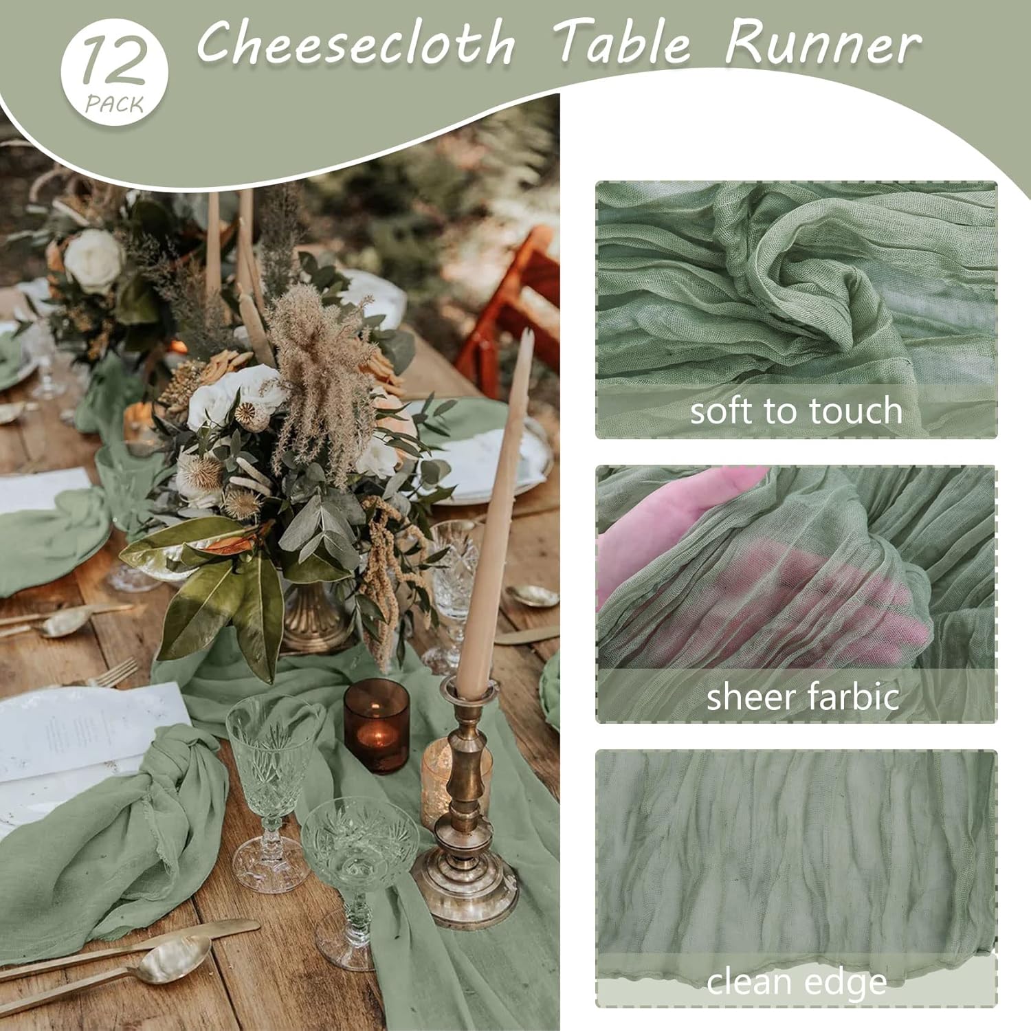 12 Pack 10Ft Cheesecloth Table Runner 35x120 Inch Boho Gauze Table Runner Cheese Cloth Long Romantic Table Runners for Wedding Bridal Shower Birthday Party Table Decor (Dusty Sage Green)