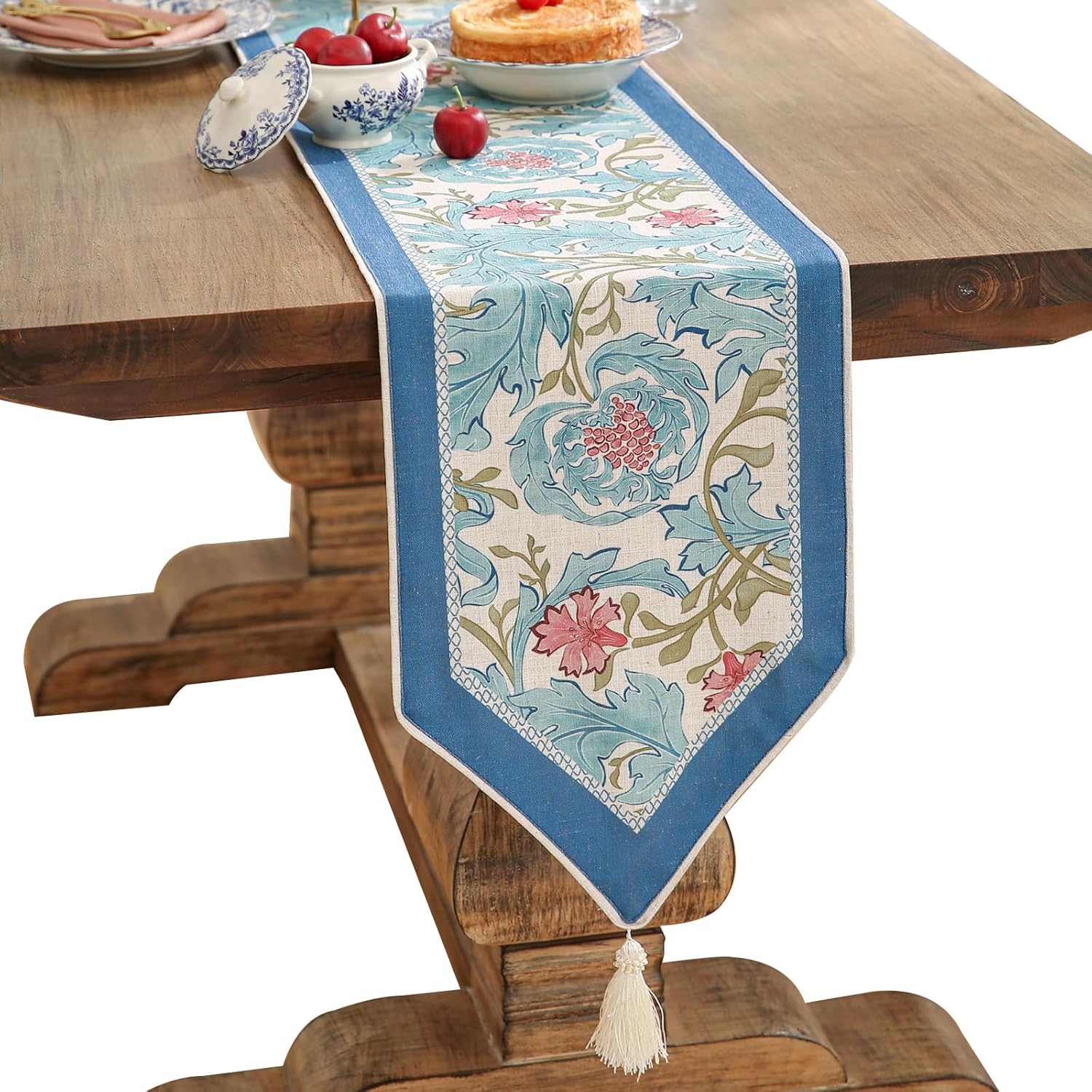 patdrea Designer Blue Cottage Rustic Floral Patterned Linen Table Runner 102 Inch Long,Wrinkle Resistant Table Mat,Decoration for Kitchen Dining and Coffee Tables Banquet Christmas ,12"x102"