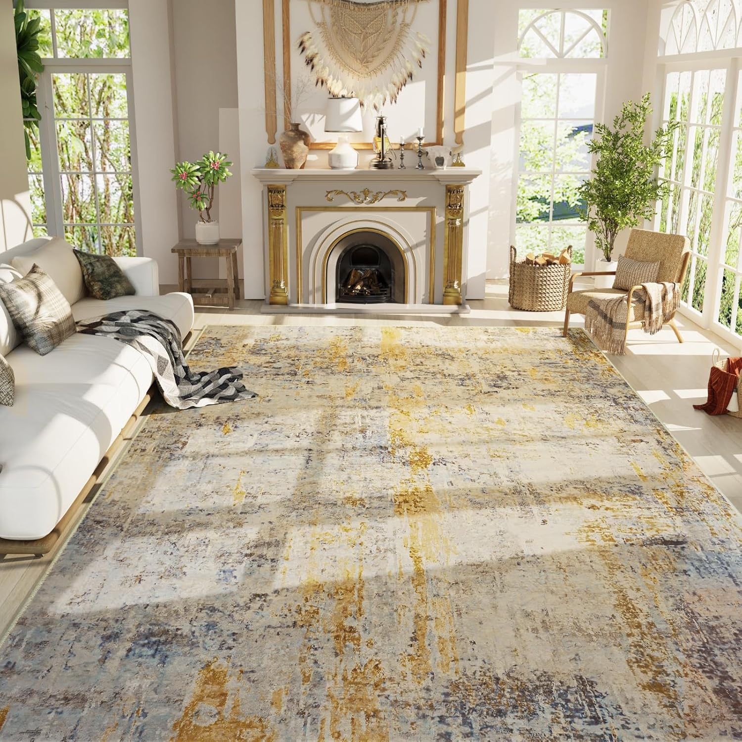 Living Room Rug 8x10 Gray Area Rugs Machine Washable Abstract Boho Large Rug Non-Slip Non-Shedding Faux Wool Indoor Vintage Carpet for Bedroom, Classroom, Dining Room, Kids Playroom