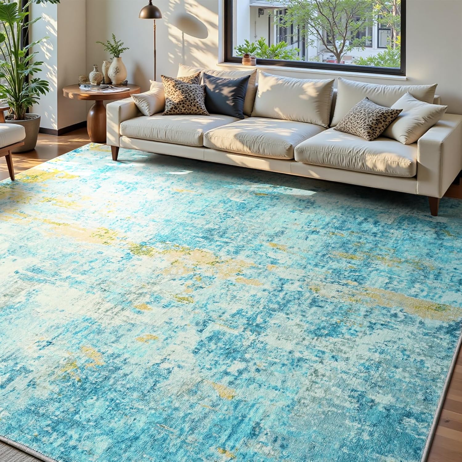 Living Room Rug 8x10 Gray Area Rugs Machine Washable Abstract Boho Large Rug Non-Slip Non-Shedding Faux Wool Indoor Vintage Carpet for Bedroom, Classroom, Dining Room, Kids Playroom