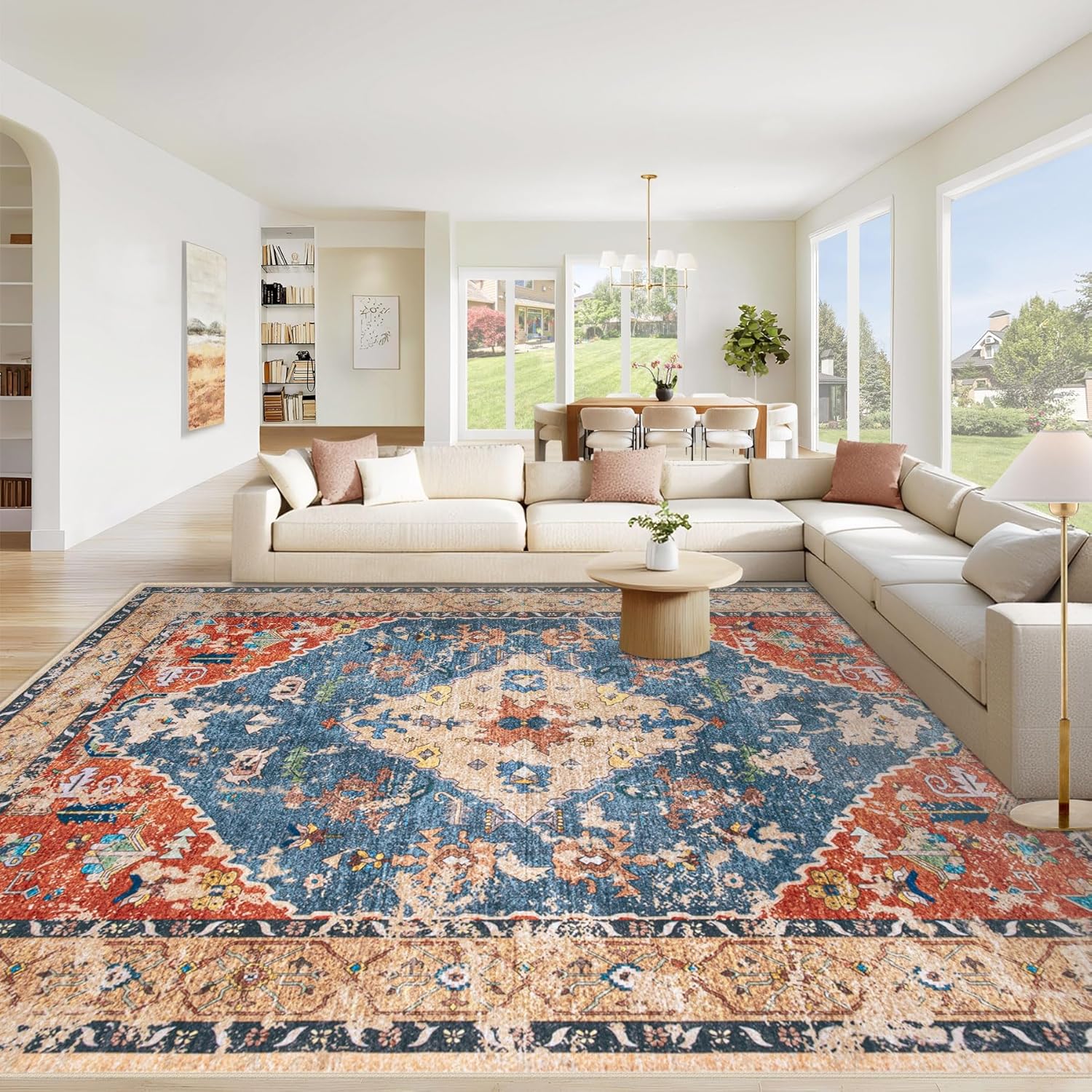 Area Rug 8x10 Washable Rug, Vintage Boho Medallion Rugs Non-Slip Soft Low Pile Large Distressed Rug Indoor Retro Carpet for Living Room Bedroom Dining Room Home Office (Beige, 8'x10')