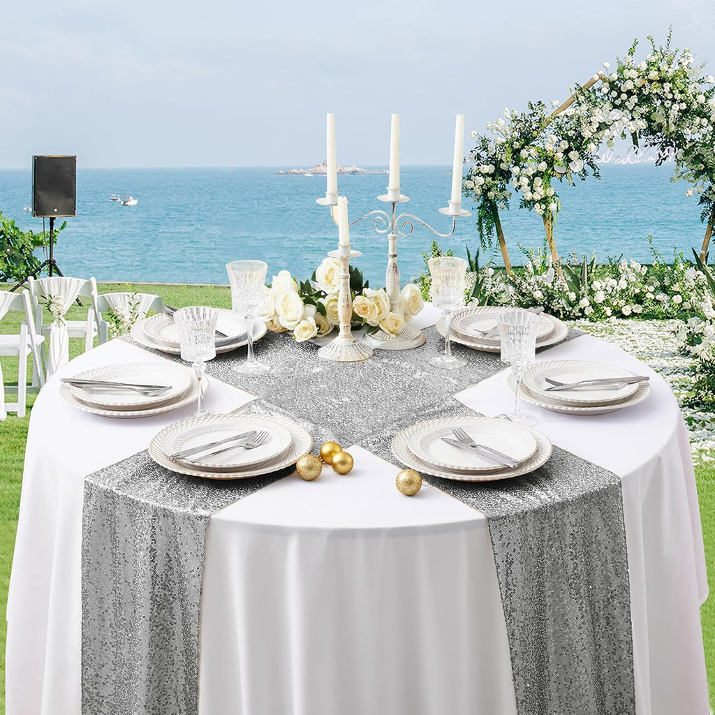 Aormenzy 12 Pack Silver Sequin Table Runner 12" x 72", Glitter Sparkle Sequin Runners for Birthday Party Wedding Banquet & Baby Shower, Party Table Decorations Supplies