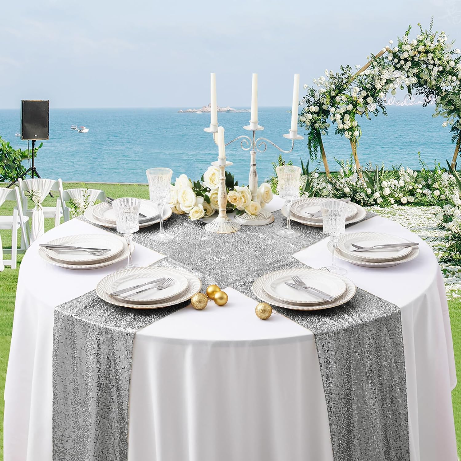 Aormenzy 12 Pack Silver Sequin Table Runner 12" x 72", Glitter Sparkle Sequin Runners for Birthday Party Wedding Banquet & Baby Shower, Party Table Decorations Supplies