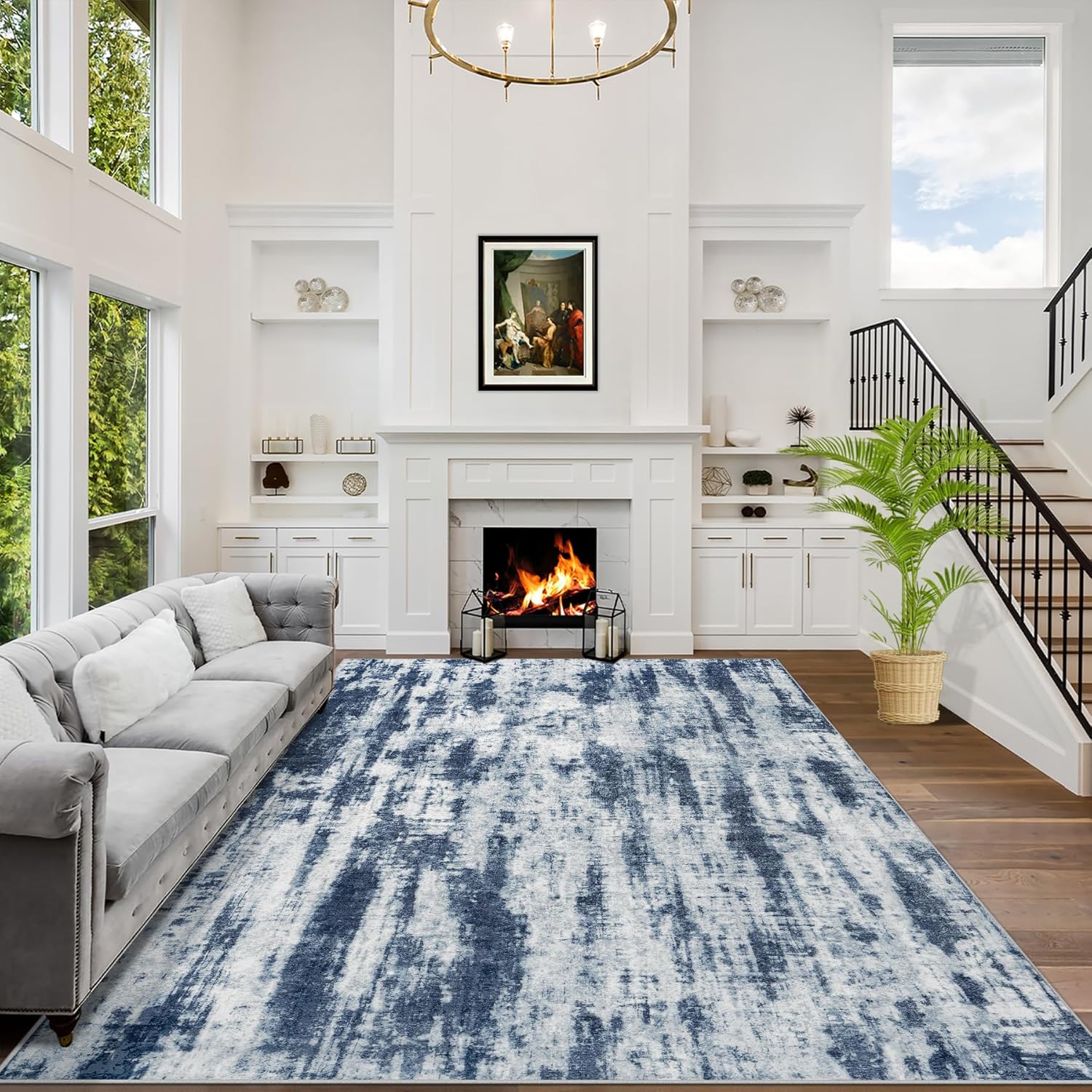 8x10 Area Rugs Washable Rug: Large Modern Abstract Living Room Rug Soft Anti-Skid Thin Carpet Indoor Floor Non-Shedding Carpets for Bedroom Dining Farmhouse Nursery Home Office Black Grey Gold