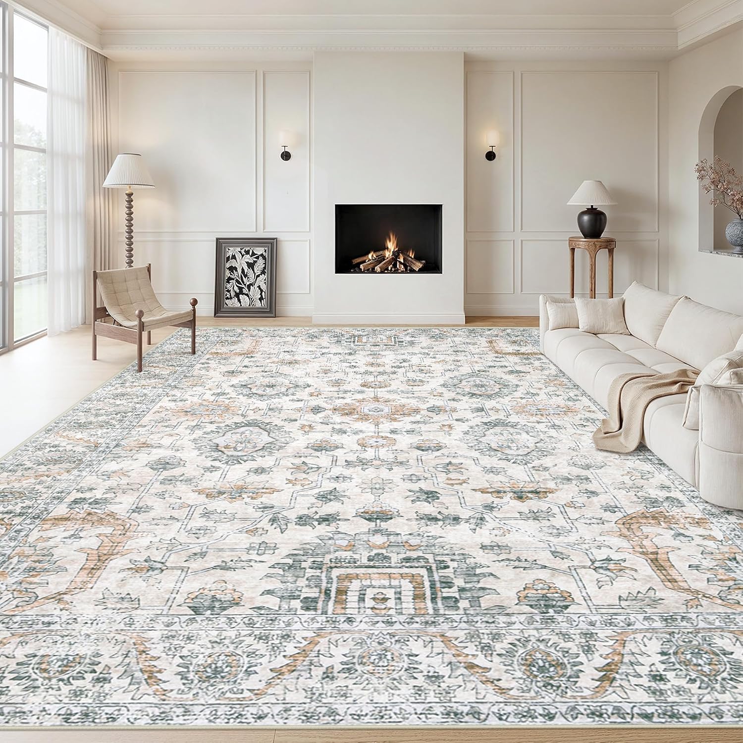 XLUEZ Area Rug 9x12 Living Room Rug, Machine Washable Vintage Distressed Medallion Rug Non-Slip Soft Low Pile Large Indoor Rugs for Bedroom Kitchen Dining Room Office(Beige,9'x12')