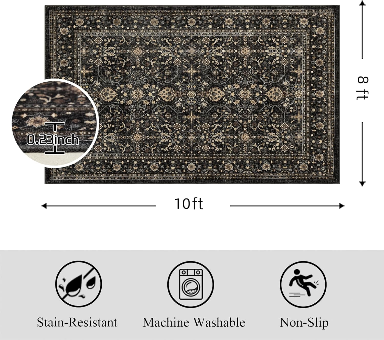 Ruaruarug Area Rug Non Slip Machine Washable Ultra Soft Living Room/Bedroom/Kitchen/Outdoor/Classroom Black Grey, 8'×10'