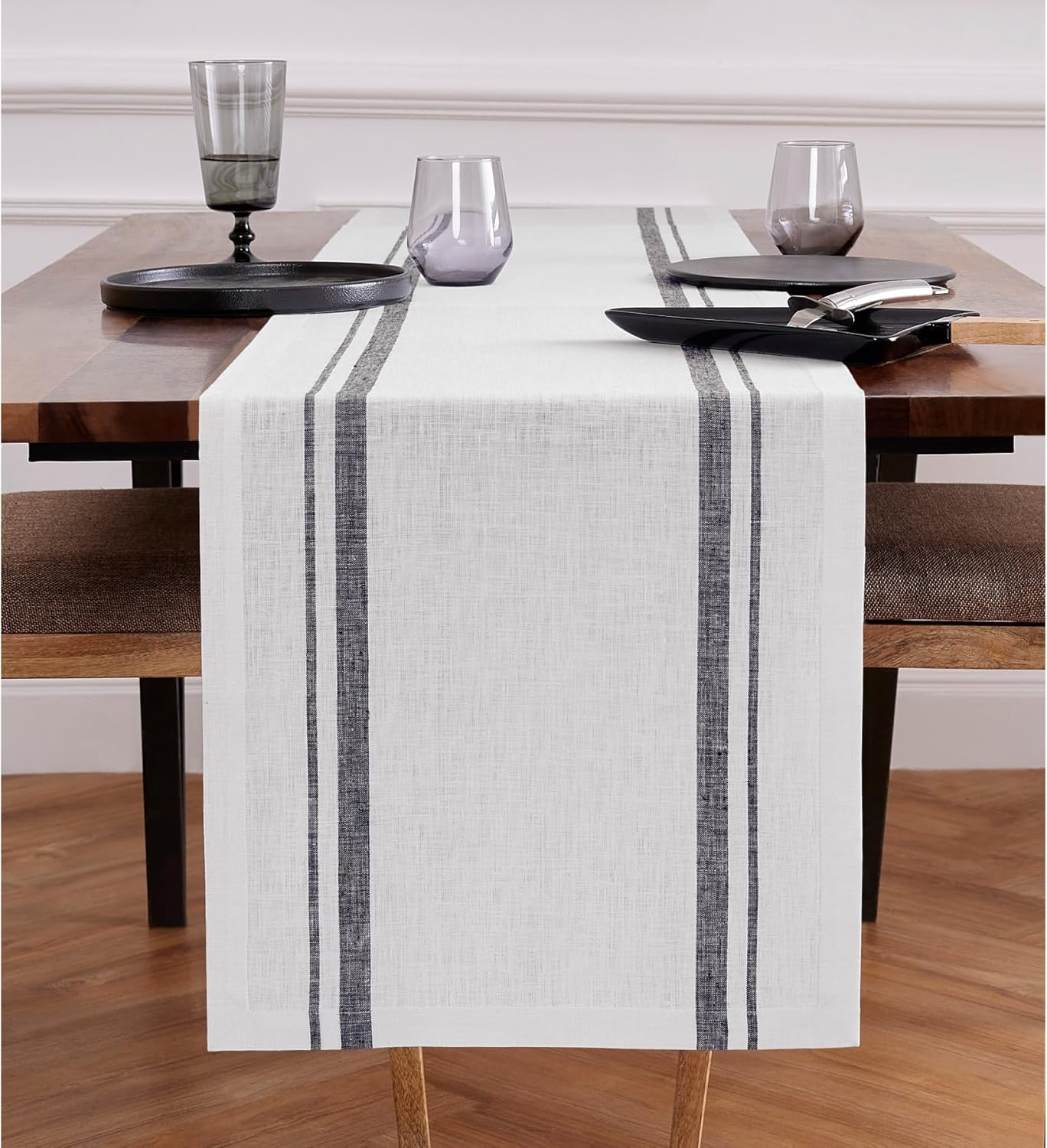 Solino Home Linen Table Runner 48 Inches - French Stripe, 100% Pure Linen Black and Natural Farmhouse Table Runner 14 x 48 Inch Ideal for Dresser and Coffee Tables - Spring, Easter