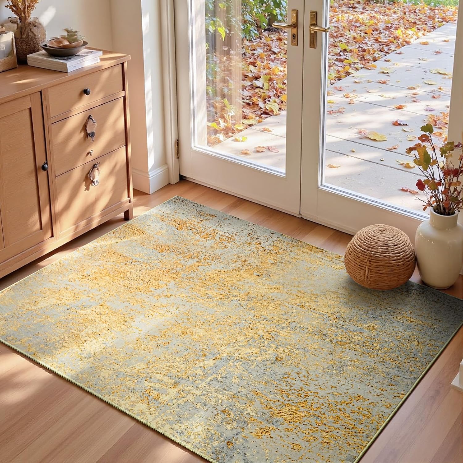 Living Room Rug 8x10 Gray Area Rugs Machine Washable Abstract Boho Large Rug Non-Slip Non-Shedding Faux Wool Indoor Vintage Carpet for Bedroom, Classroom, Dining Room, Kids Playroom