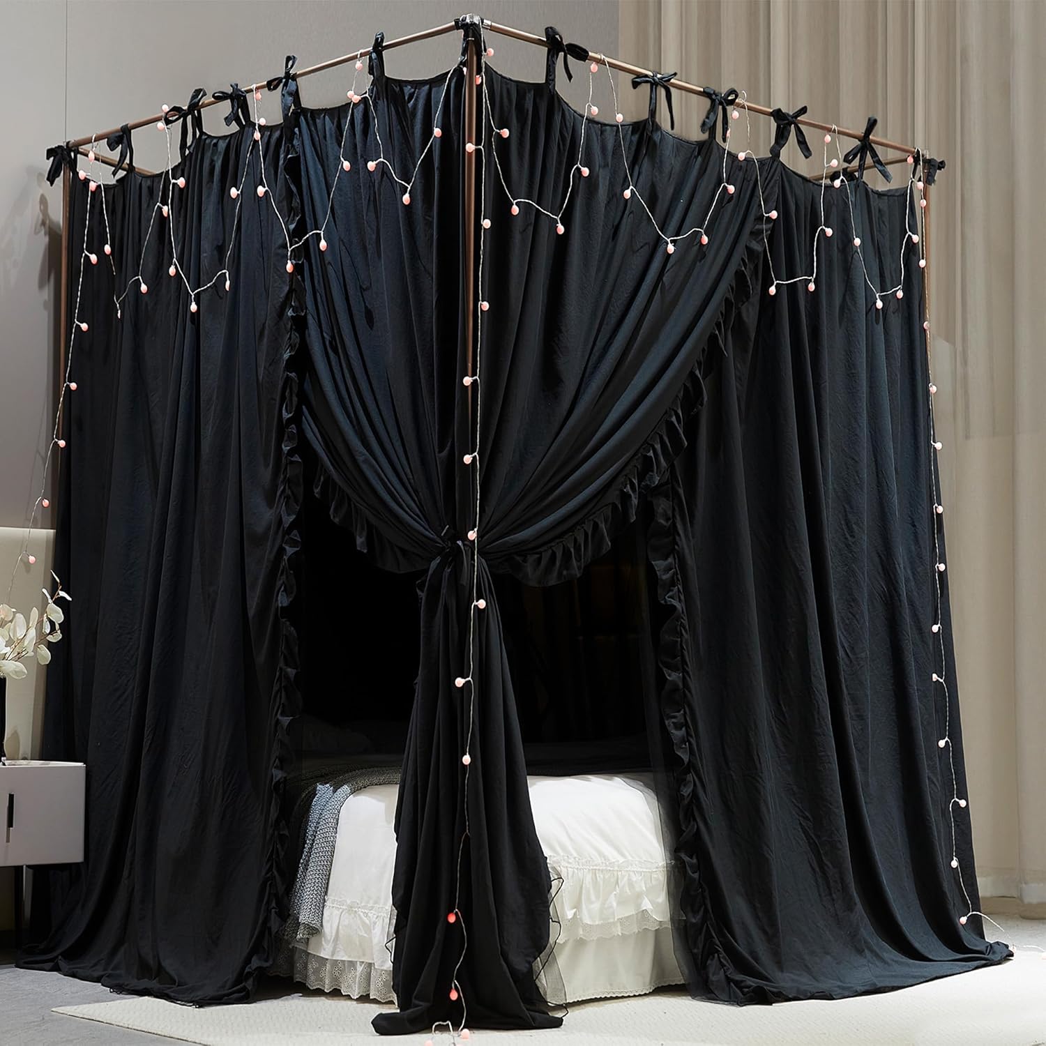 AIOOO 4 Corners Post Princess Curtain Bed Canopy Double Layer Cozy Mosquito Net Mesh and Cloth for Girls Adults Bedroom Decoration (Double-Black/Black, 78" W*86" L*82"*H/(King))