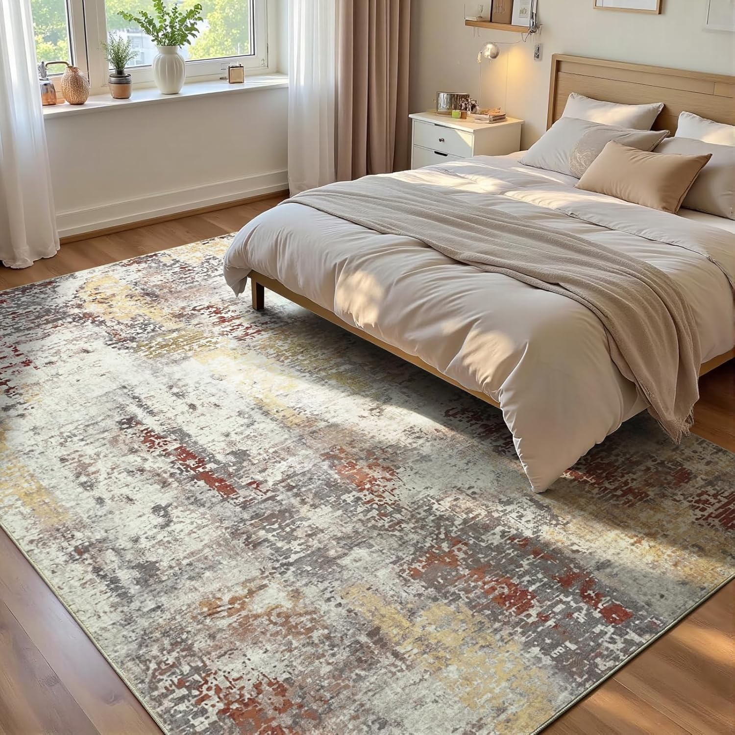 Living Room Rug 8x10 Gray Area Rugs Machine Washable Abstract Boho Large Rug Non-Slip Non-Shedding Faux Wool Indoor Vintage Carpet for Bedroom, Classroom, Dining Room, Kids Playroom