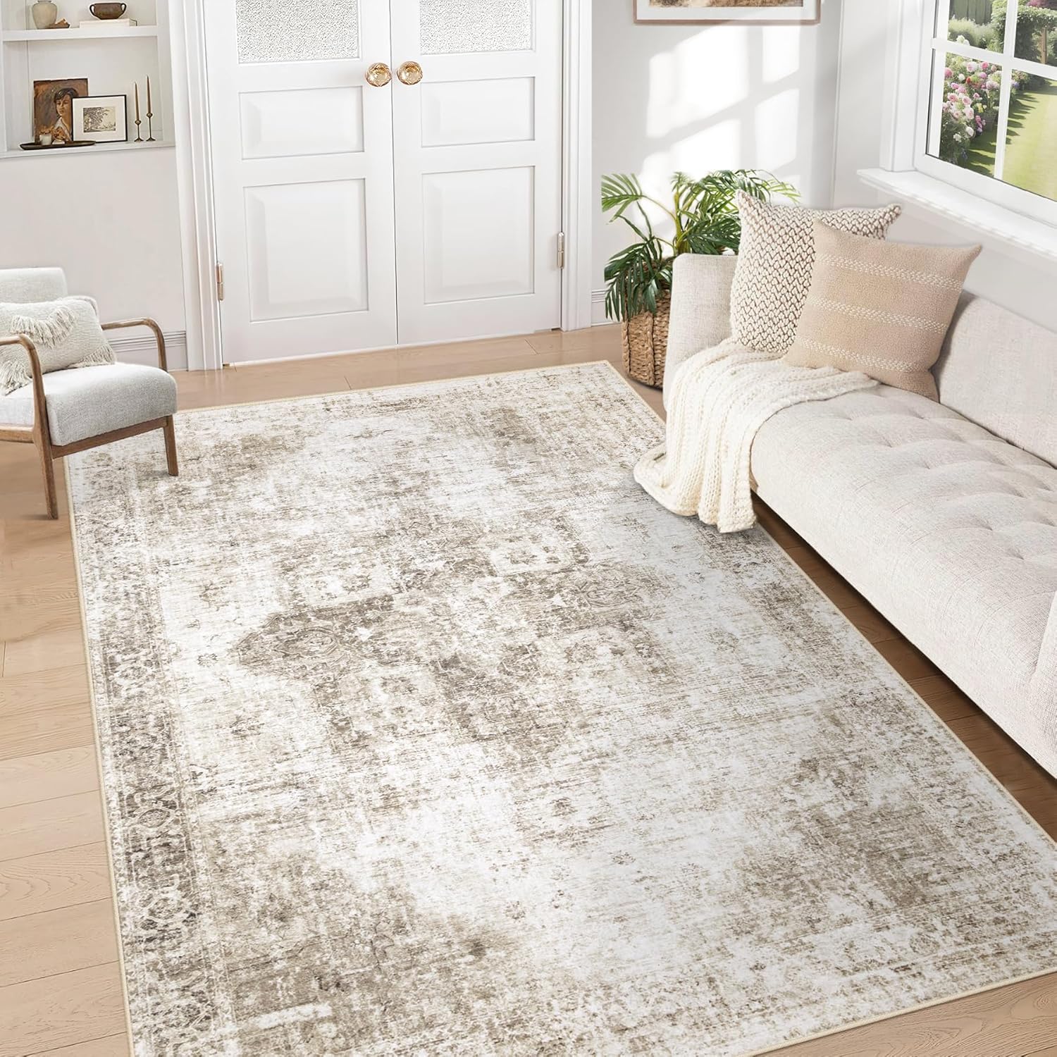 Area Rug 8x10 Washable Rug, Vintage Boho Medallion Rugs Non-Slip Soft Low Pile Large Distressed Rug Indoor Retro Carpet for Living Room Bedroom Dining Room Home Office (Beige, 8'x10')