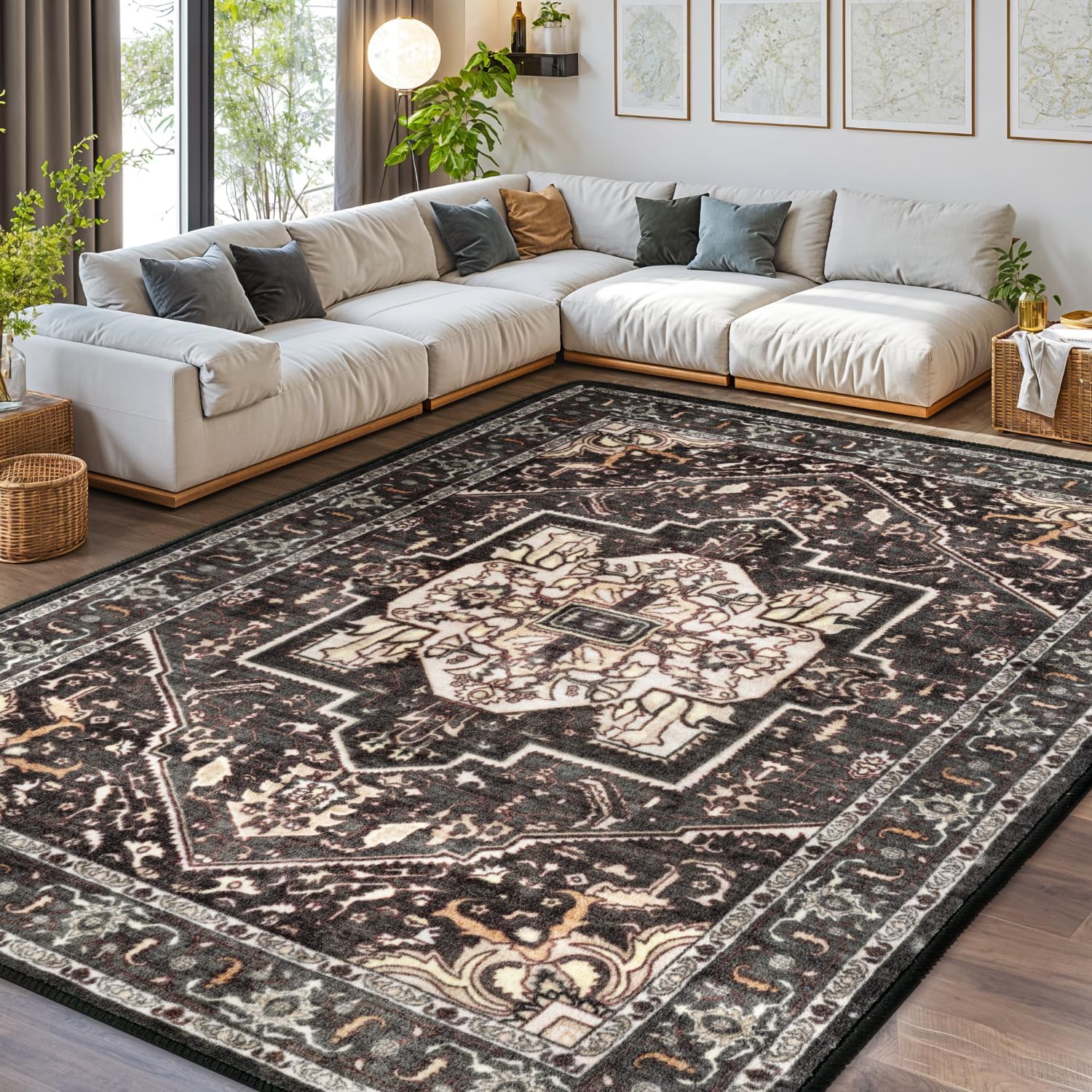 LIANLAM Washable Rug 8x10 Area Rugs for Living Room - Stain Resistant Non-Slip Backing Boho Rug for Bedroom,Durable & Ultra-Thin Vintage Large Area Rug(8x10,Black)