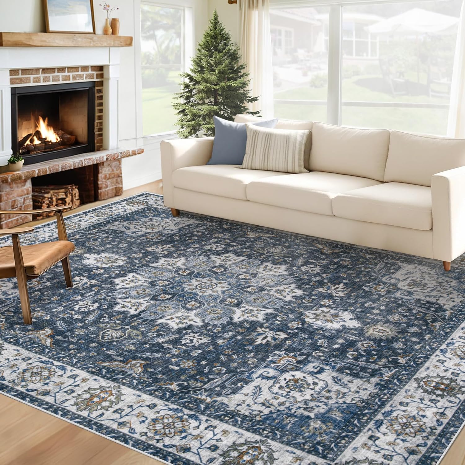 Area Rug 8x10 Washable Rug, Vintage Boho Medallion Rugs Non-Slip Soft Low Pile Large Distressed Rug Indoor Retro Carpet for Living Room Bedroom Dining Room Home Office (Beige, 8'x10')