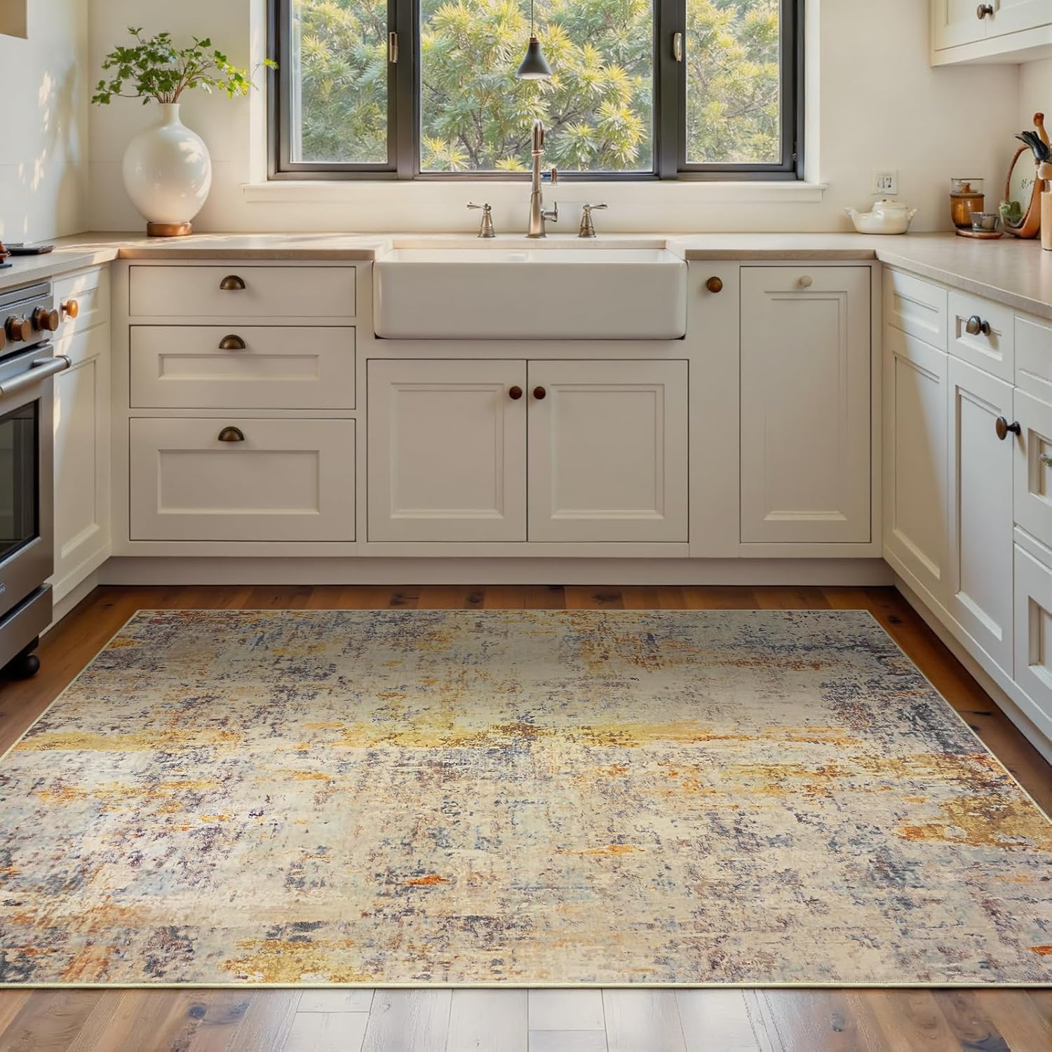 Living Room Rug 8x10 Gray Area Rugs Machine Washable Abstract Boho Large Rug Non-Slip Non-Shedding Faux Wool Indoor Vintage Carpet for Bedroom, Classroom, Dining Room, Kids Playroom