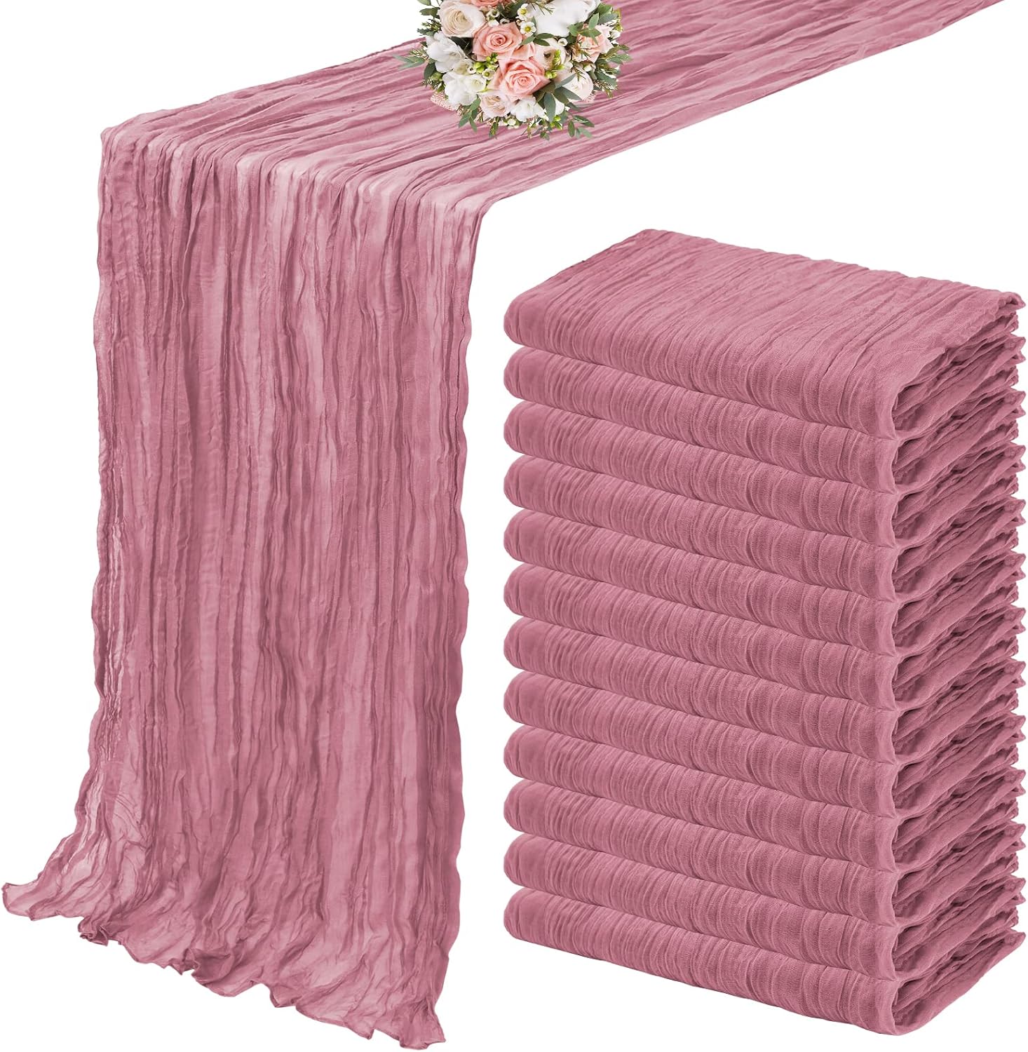 12 Pack Cheesecloth Table Runner 35 x 120 inch Long Boho Cheese Cloth Gauze Table Runners Semi Sheer Table Runner for Wedding Decor, Bridal Shower, Birthday Party (Light Pink)