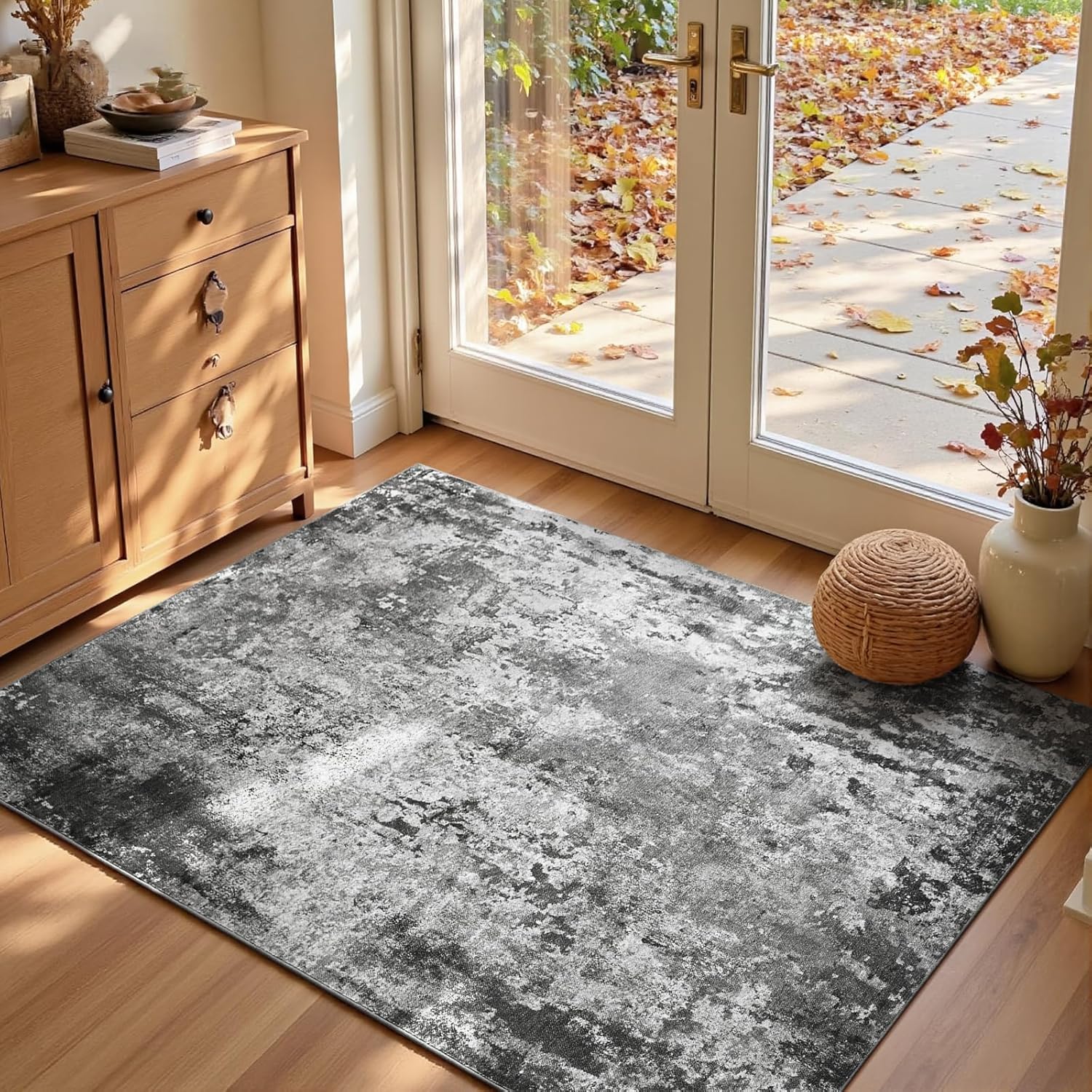 Living Room Rug 8x10 Gray Area Rugs Machine Washable Abstract Boho Large Rug Non-Slip Non-Shedding Faux Wool Indoor Vintage Carpet for Bedroom, Classroom, Dining Room, Kids Playroom