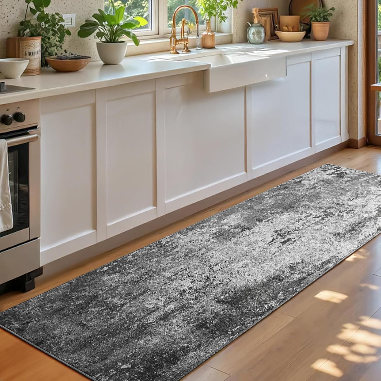 Living Room Rug 8x10 Gray Area Rugs Machine Washable Abstract Boho Large Rug Non-Slip Non-Shedding Faux Wool Indoor Vintage Carpet for Bedroom, Classroom, Dining Room, Kids Playroom