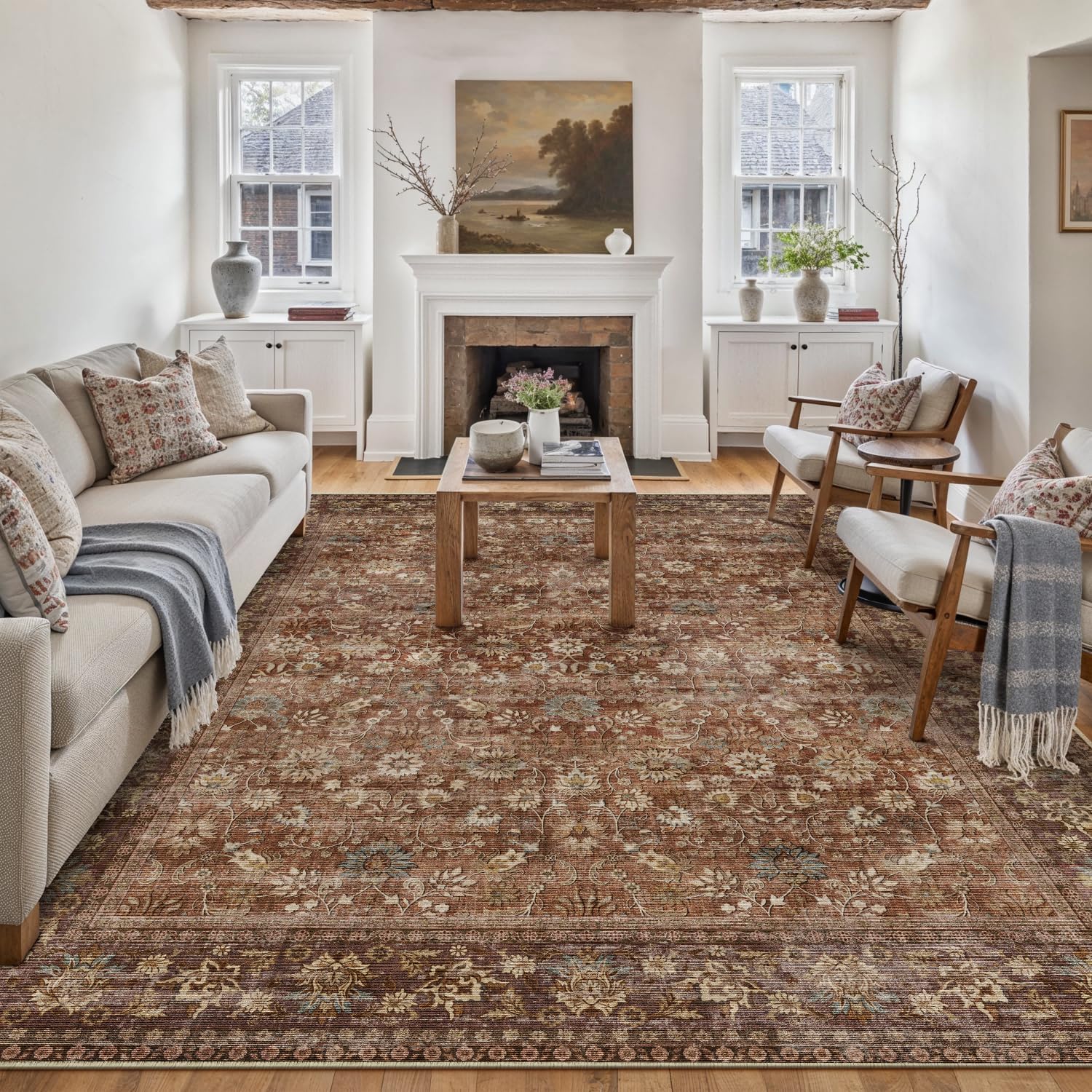 HUGEAR 8x10 Machine Washable Rugs Brown Hallway Large Area Rug Indoor Accent Rug Floral Low Pile Carpet Soft Throw Aesthetic Rug Bedroom Living Room Office Dining Room Kitchen Laundry Room