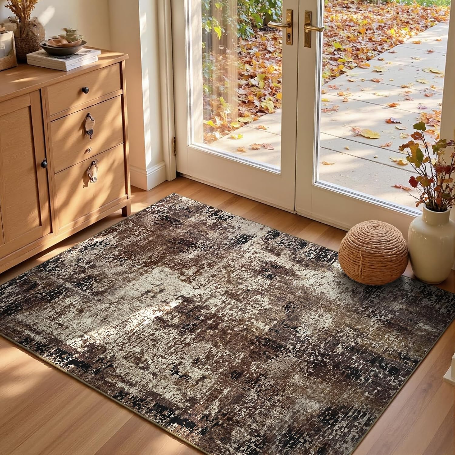 Living Room Rug 8x10 Gray Area Rugs Machine Washable Abstract Boho Large Rug Non-Slip Non-Shedding Faux Wool Indoor Vintage Carpet for Bedroom, Classroom, Dining Room, Kids Playroom