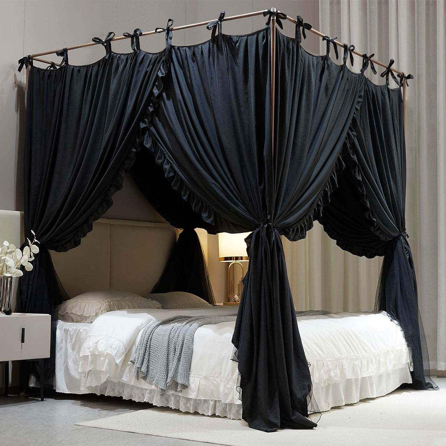 AIOOO 4 Corners Post Princess Curtain Bed Canopy Double Layer Cozy Mosquito Net Mesh and Cloth for Girls Adults Bedroom Decoration (Double-Black/Black, 64" W*82" L*82"*H/(Queen))