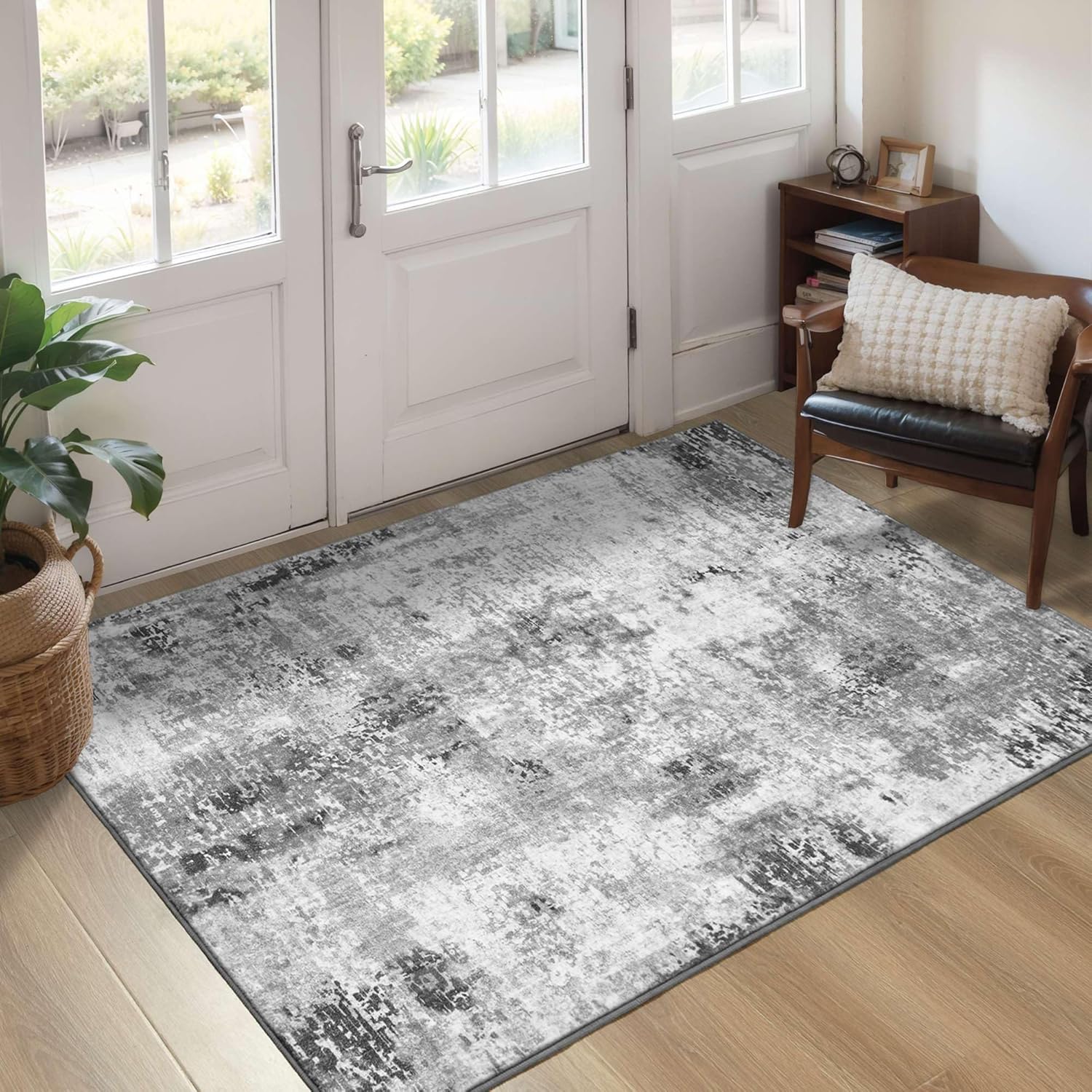 Living Room Rug 8x10 Gray Area Rugs Machine Washable Abstract Boho Large Rug Non-Slip Non-Shedding Faux Wool Indoor Vintage Carpet for Bedroom, Classroom, Dining Room, Kids Playroom