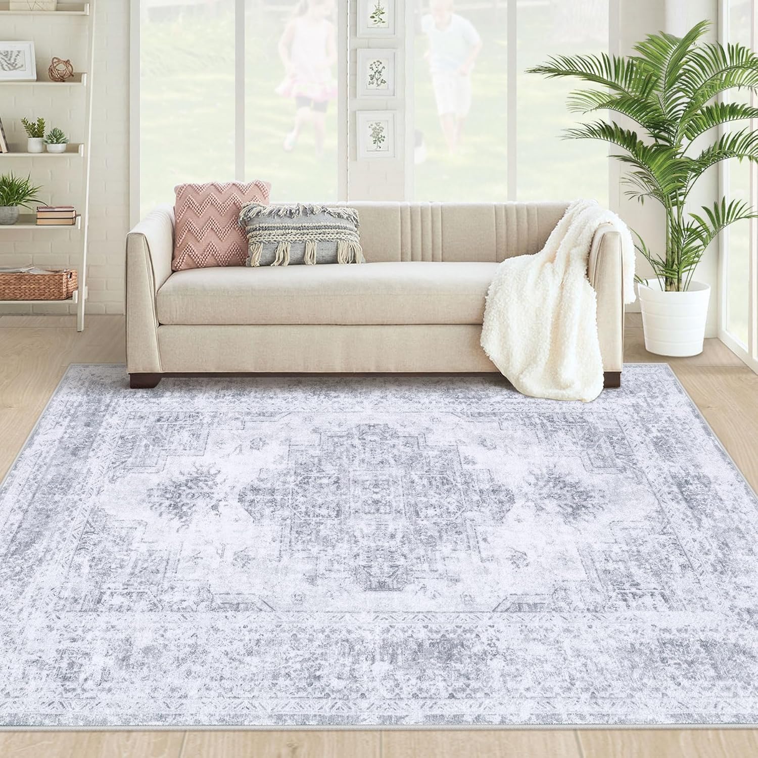 XLUEZ Area Rug 9x12 Living Room Rug, Machine Washable Vintage Distressed Medallion Rug Non-Slip Soft Low Pile Large Indoor Rugs for Bedroom Kitchen Dining Room Office(Beige,9'x12')