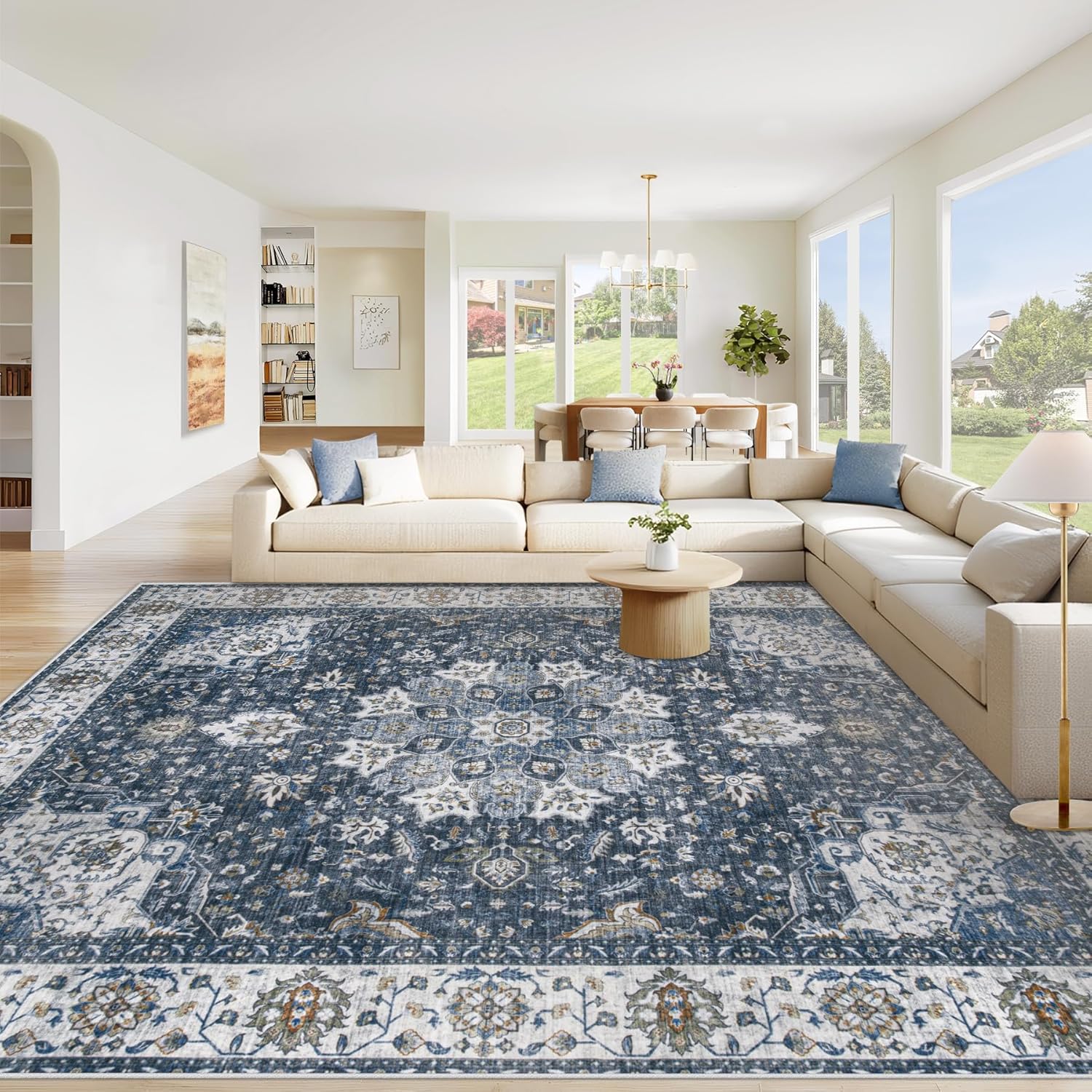 Area Rug 8x10 Washable Rug, Vintage Boho Medallion Rugs Non-Slip Soft Low Pile Large Distressed Rug Indoor Retro Carpet for Living Room Bedroom Dining Room Home Office (Beige, 8'x10')