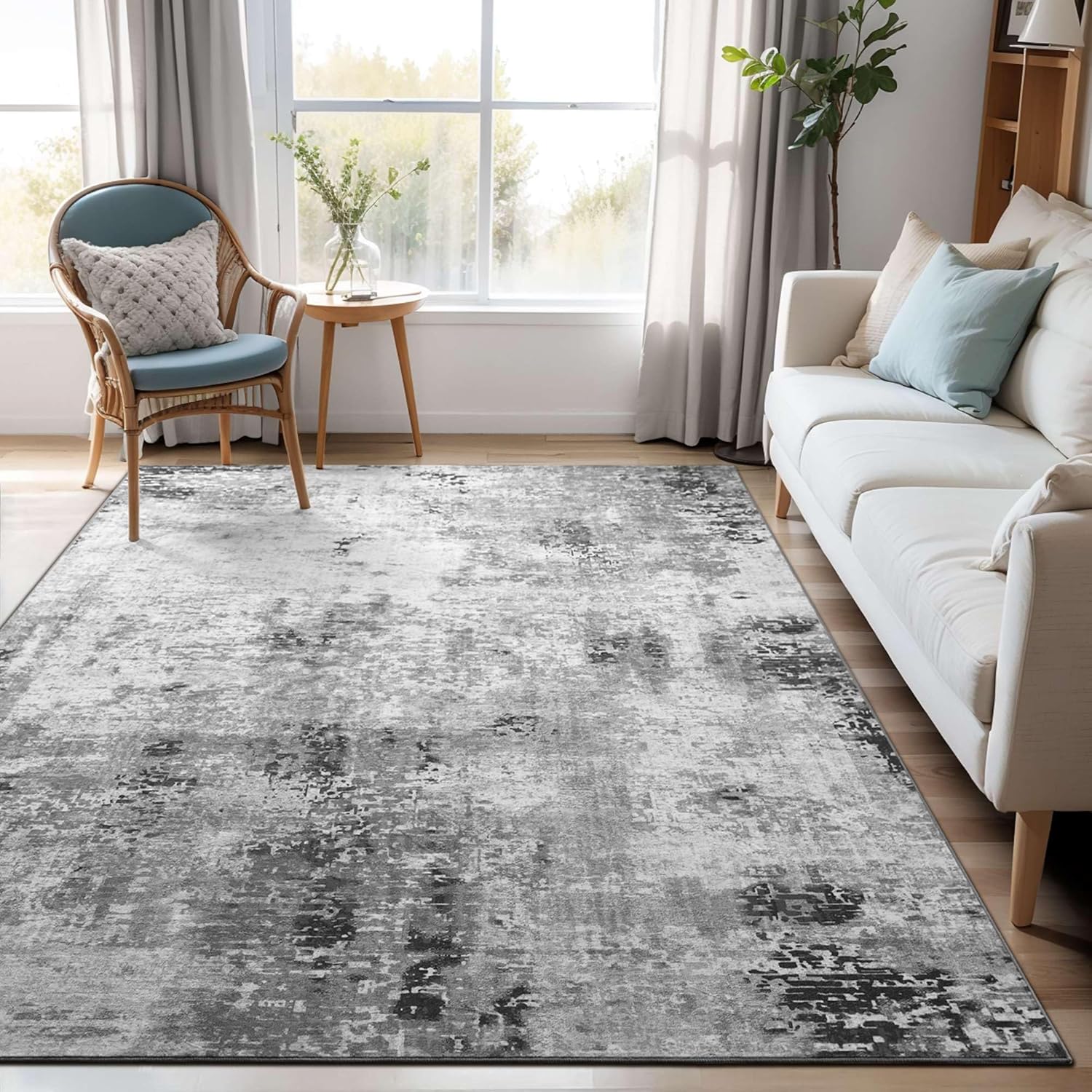 Living Room Rug 8x10 Gray Area Rugs Machine Washable Abstract Boho Large Rug Non-Slip Non-Shedding Faux Wool Indoor Vintage Carpet for Bedroom, Classroom, Dining Room, Kids Playroom