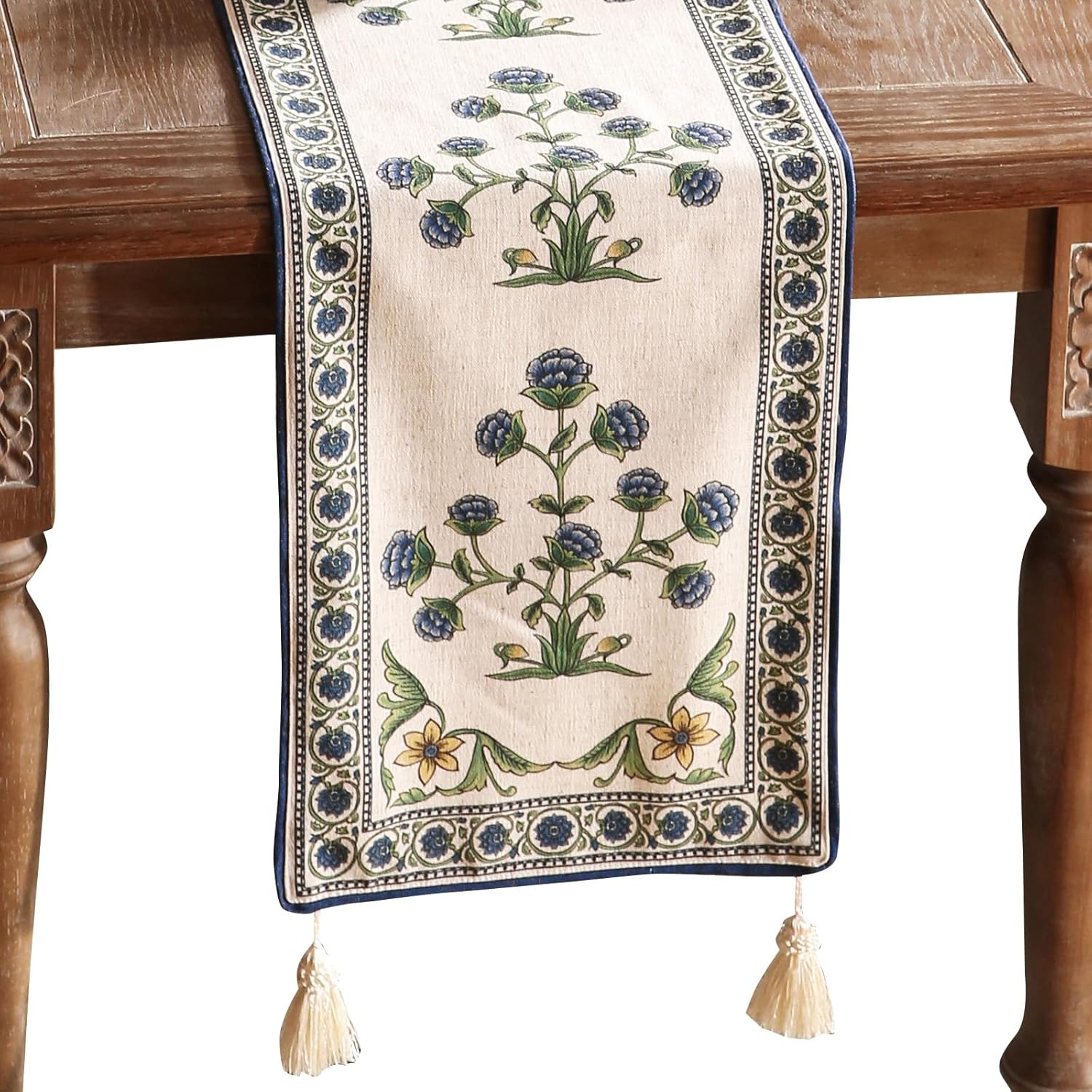 patdrea Designer Blue Cottage Rustic Floral Patterned Linen Table Runner 102 Inch Long,Wrinkle Resistant Table Mat,Decoration for Kitchen Dining and Coffee Tables Banquet Christmas ,12"x102"